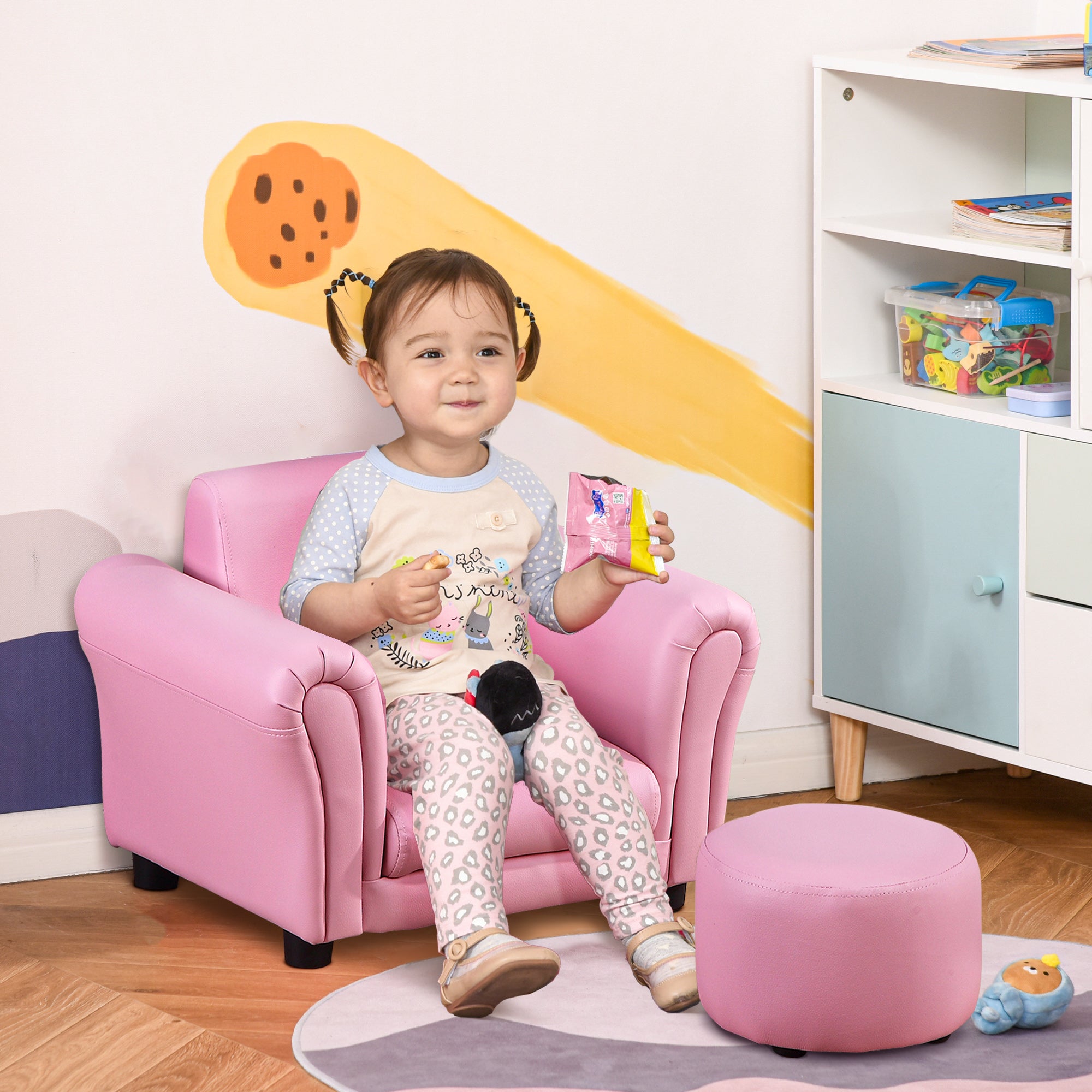 Toddler Chair Single Seater Kids Sofa Set, 54 X 42 X 41cm, Kids Sofa With Stool, Pink