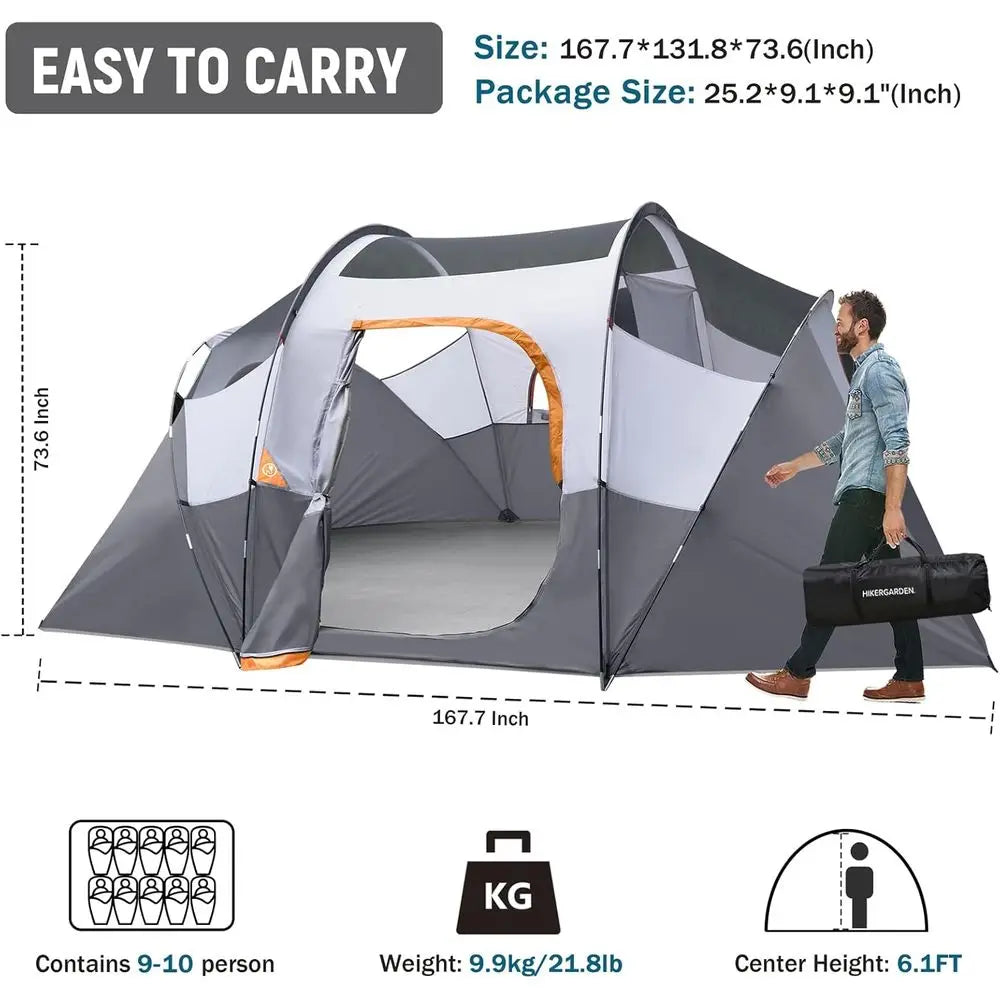 10-Person HikerGarden Tent - Quick Setup Family Camping Shelter, Windproof Dome Tent for Outdoor Adventures