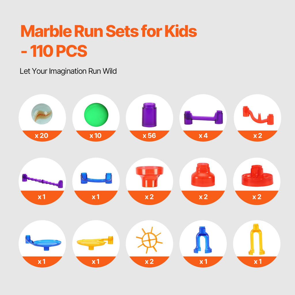 Marble Run Set, 110 Piece Marble Maze Building Block Brain Game, With 10 Glow In The Dark Marbles + 20 Glass Marbles, Educational Learning Race Track STEM Toys, For Kids, Boys, Girls Ages 3 +