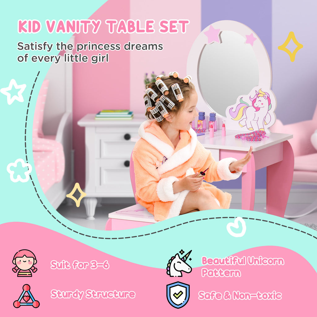 Kids Dressing Table With Mirror, Stool, Pink