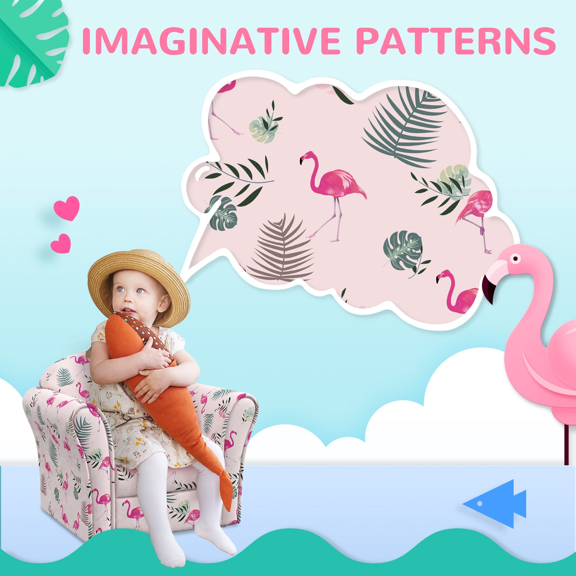 Kids Armchair With Flamingo Design, Wooden Frame, For Bedroom, Playroom, Kids Room - Pink
