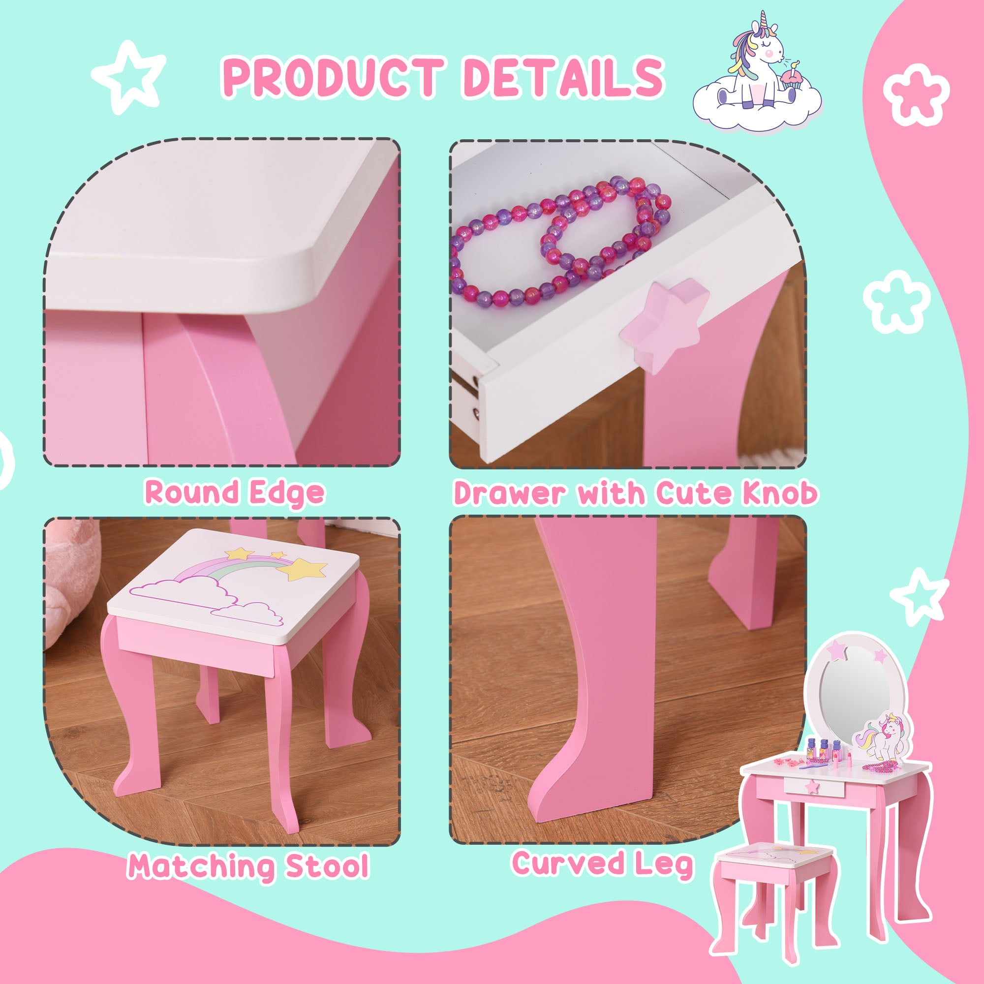 Kids Dressing Table With Mirror, Stool, Pink