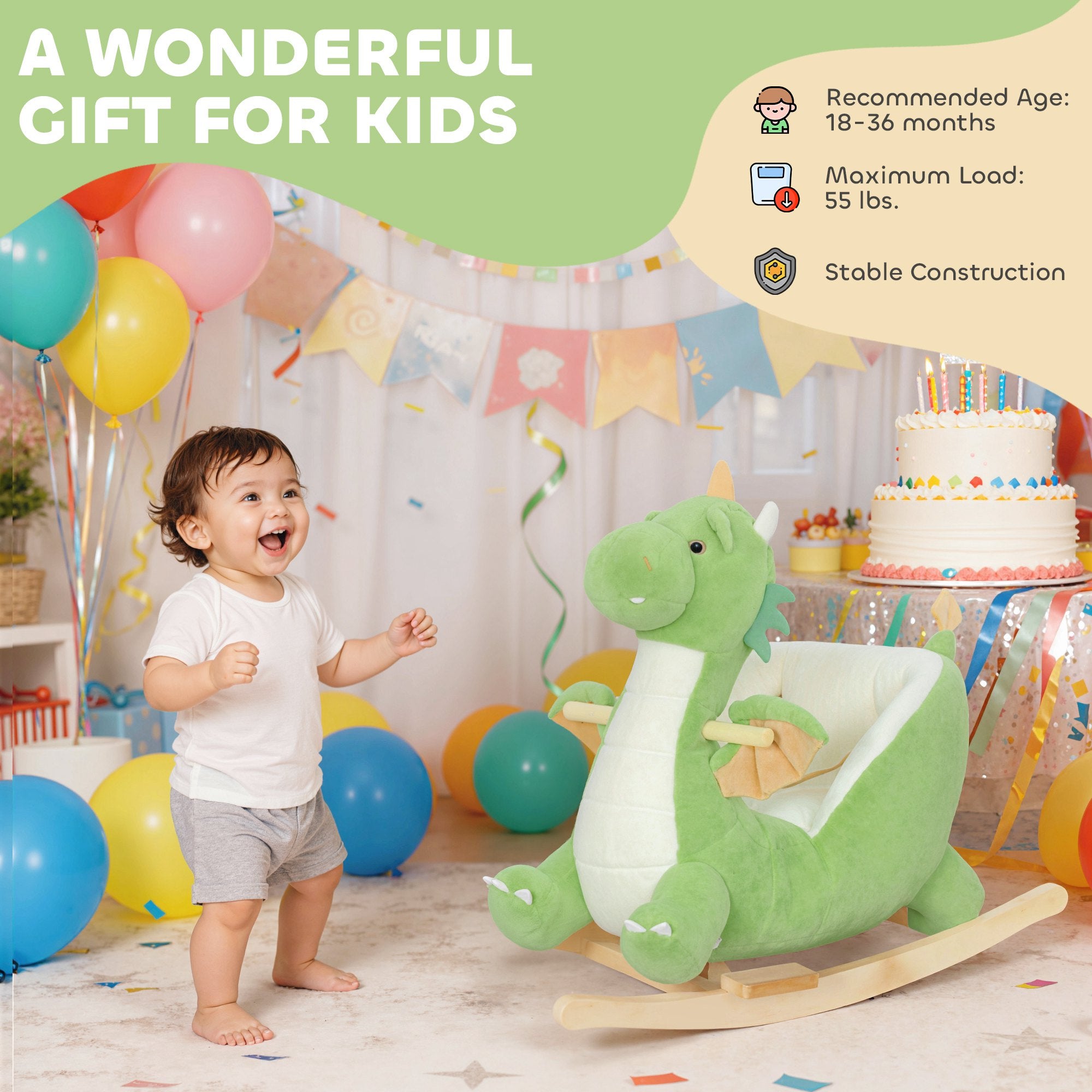 Baby Rocking Horse, Kids Ride On Dragon Toy with Realistic Dragon Roar and Safety Belt for Kids 18–36 Months, Green