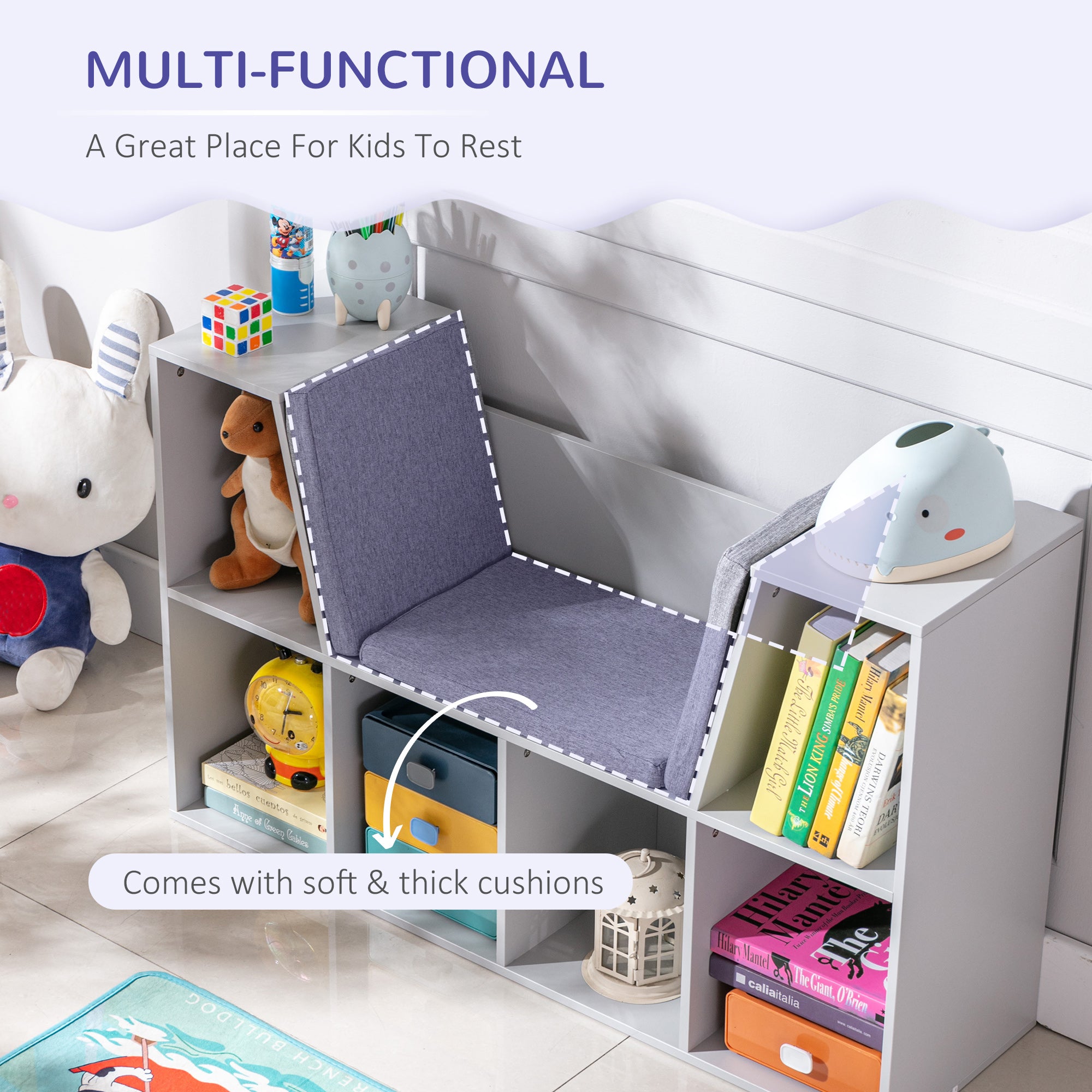 Kids Bookcase Shelf Storage Cabinet Unit, Living Room Sideboard W/ Six Compartments For Toys, Books - Grey