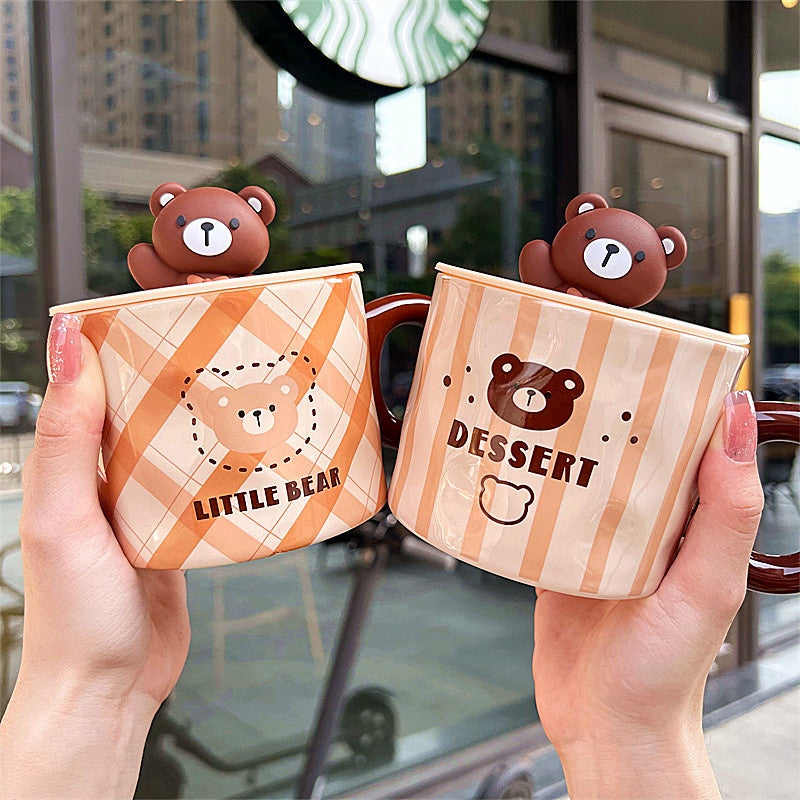 Mug With Lid Couple Little Bear Ceramic Water Cup Girls Creative Breakfast Cup