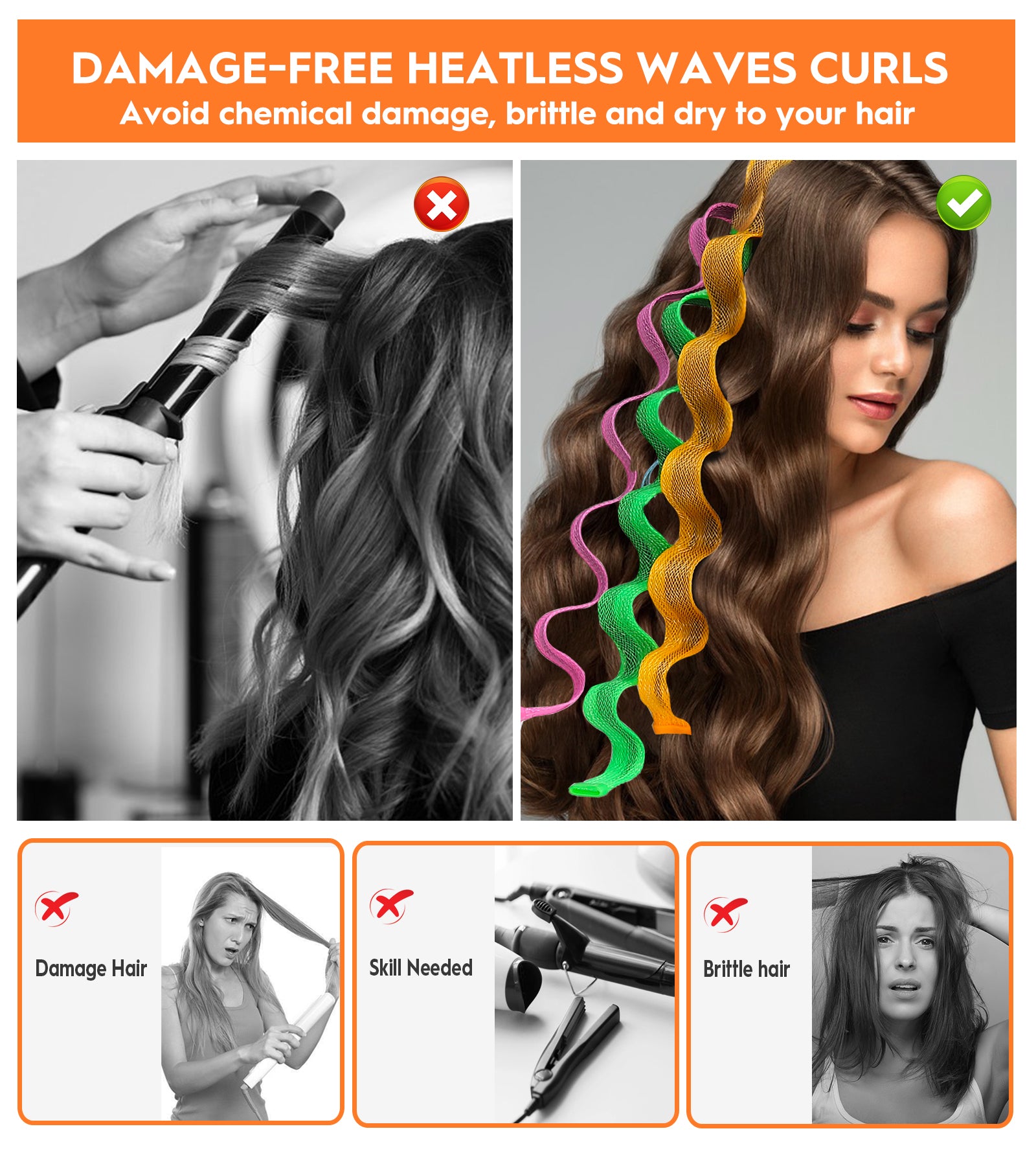 Heatless Hair Curlers Wave Curls Styling Kit For Women Girls On Hair Care - 30 Pcs - 6 Colors