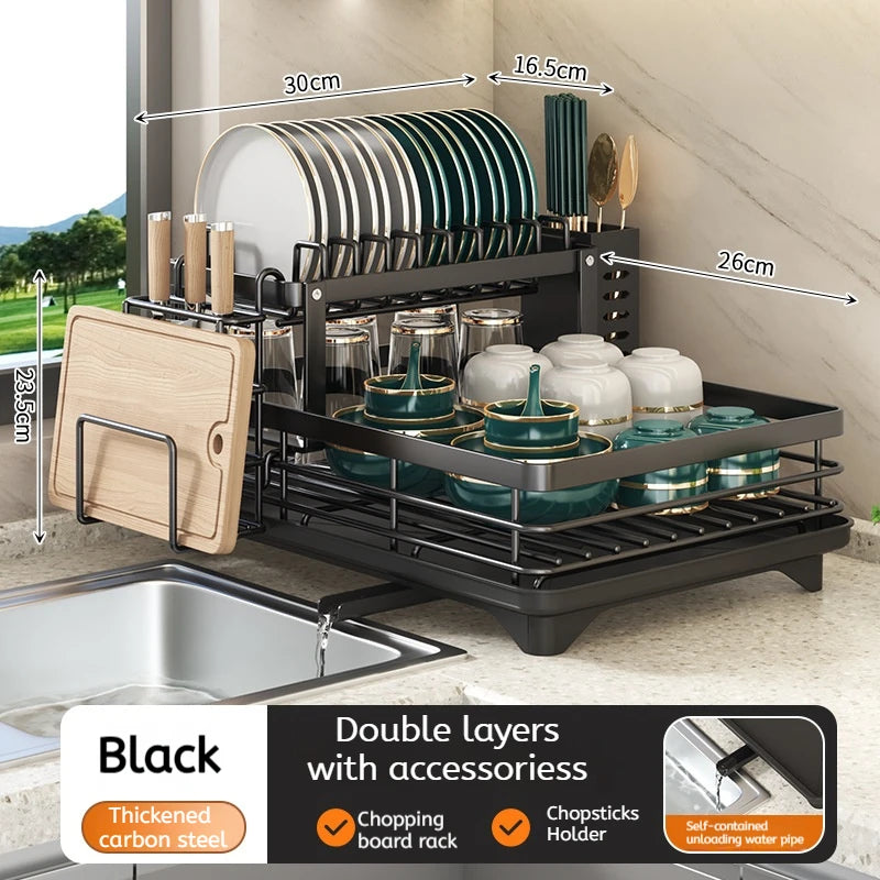Dish Drying Rack Kitchen Adjustable Steel 2 Tier Plates Organizer Dish Bowl Drainer Storage Rack Kitchen Utensils