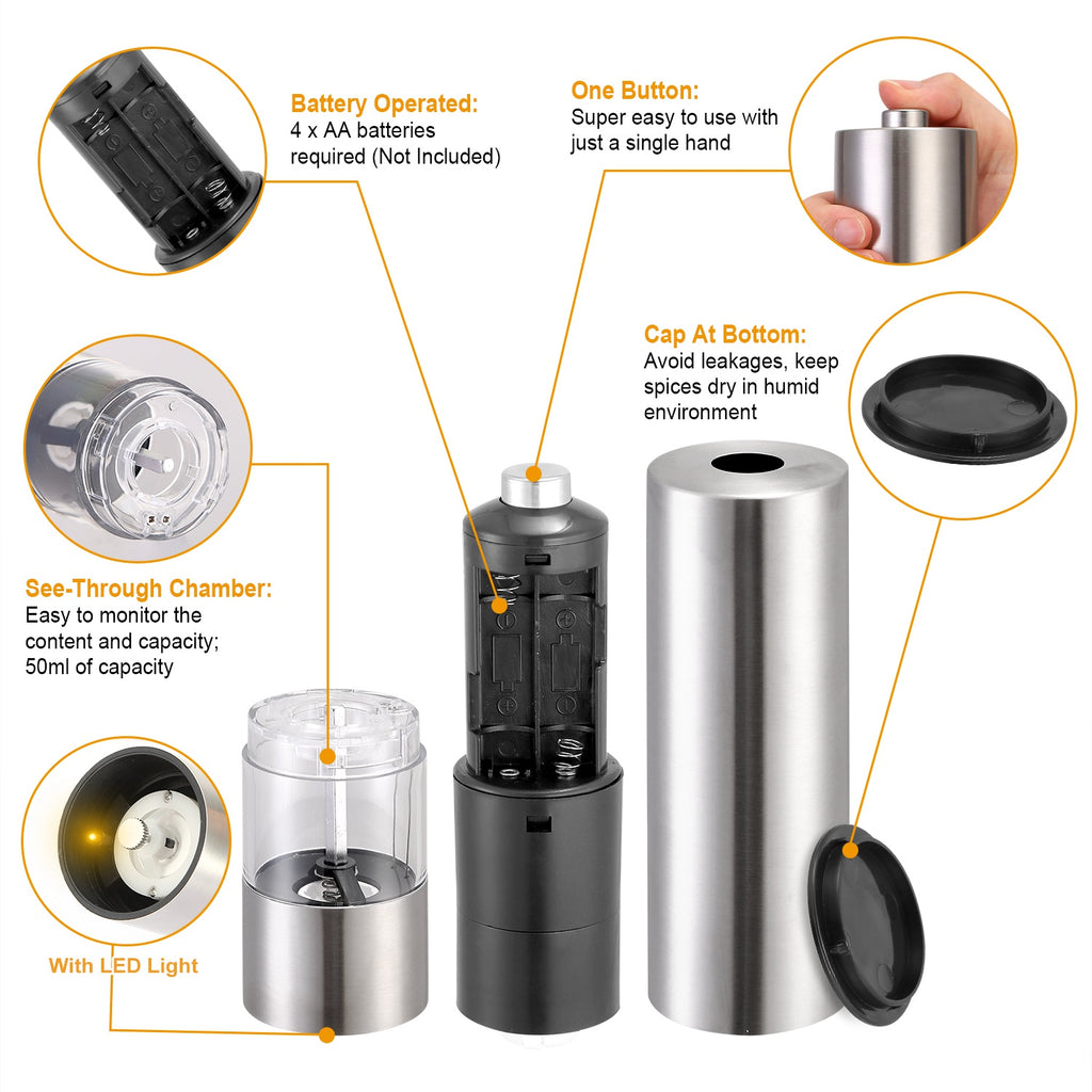 1Pc Electric Salt Pepper Grinder With Light Adjustable Coarseness Stainless Steel Salt Pepper Shaker Battery Operated Pepper Grinder Mill Easy Refill And Clean For Kitchen Preparing