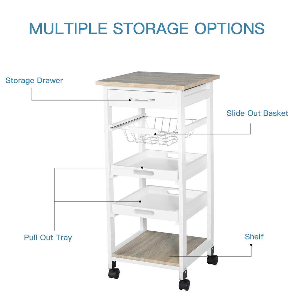Mobile Kitchen Cart, Rolling Kitchen Island with Storage, Solid Wood Frame Utility Cart with Wire Fruit Baskets, Trays and Drawer, White