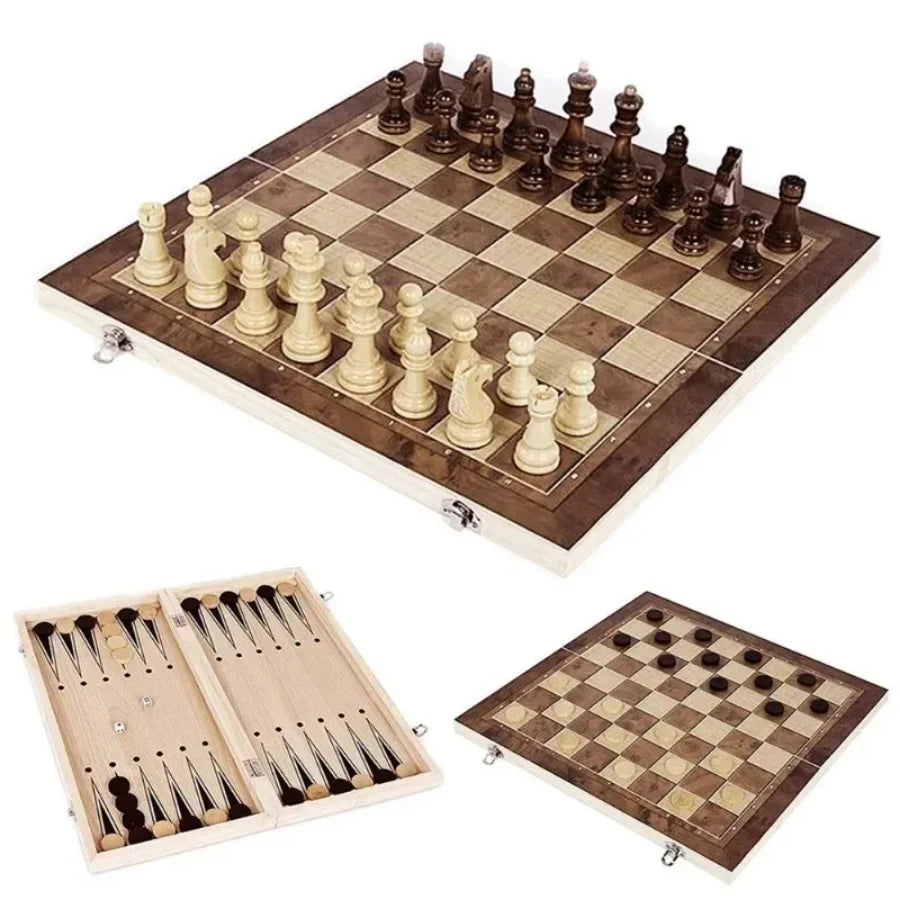 3 in 1 Chess Game Board Folding Storage Wooden Board Sets Exquisite Set and Checkers Game Set