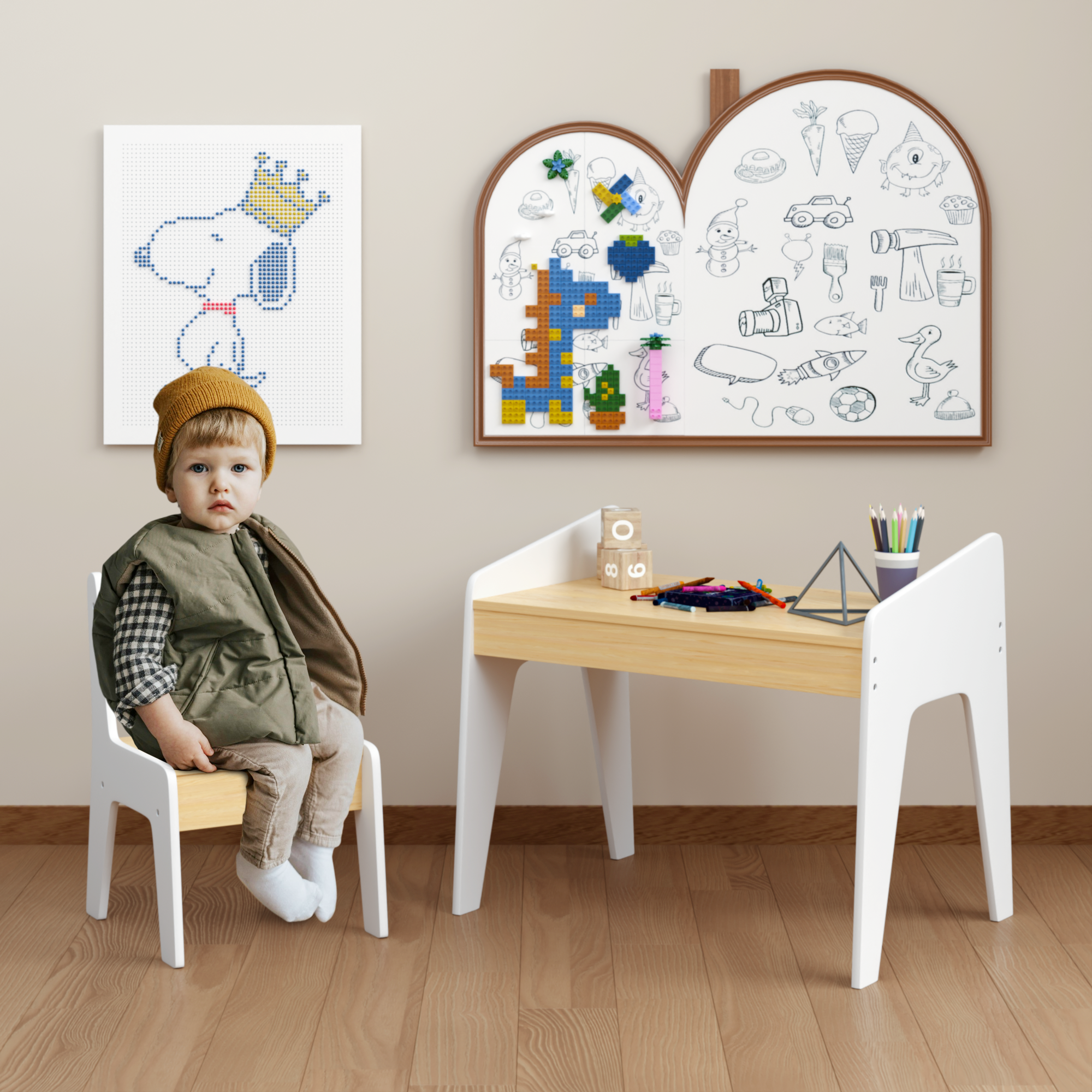 Kids Table Set With One Chair, Wooden Children Study Table, 2-8  Age Kids Funiture , White Natural