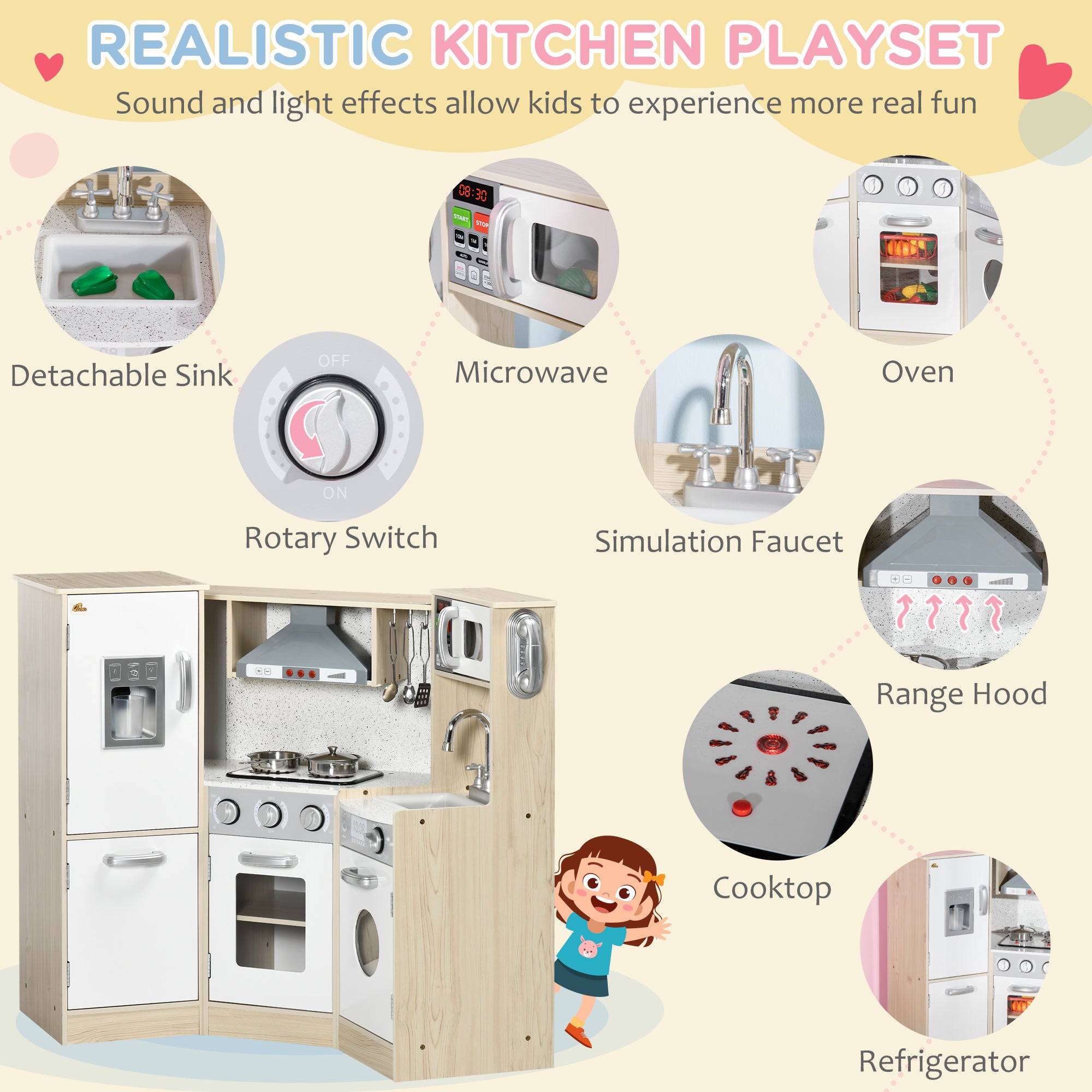 Ultra-Big Corner Kids Kitchen Playset with Sound Effects, Wooden Play Kitchen  with Stainless Steel Cooking Toys, Imaginative Pretend Toy for Ages 3-6 with Phone, Ice Maker