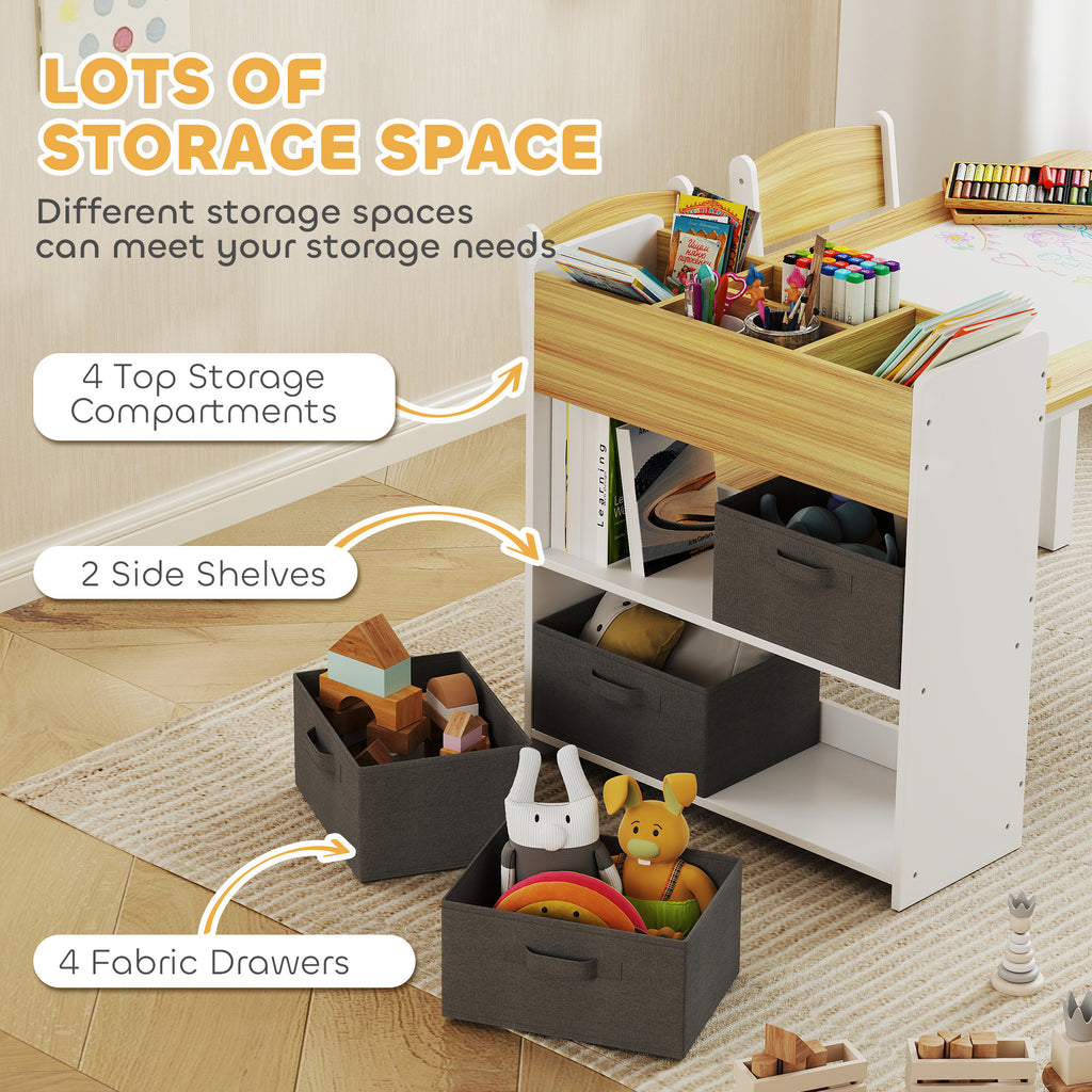 Kids Desk and Chair Set with Paper Roll, Kids Activity Craft Table with Storage Shelves and Drawers, Natural Wood