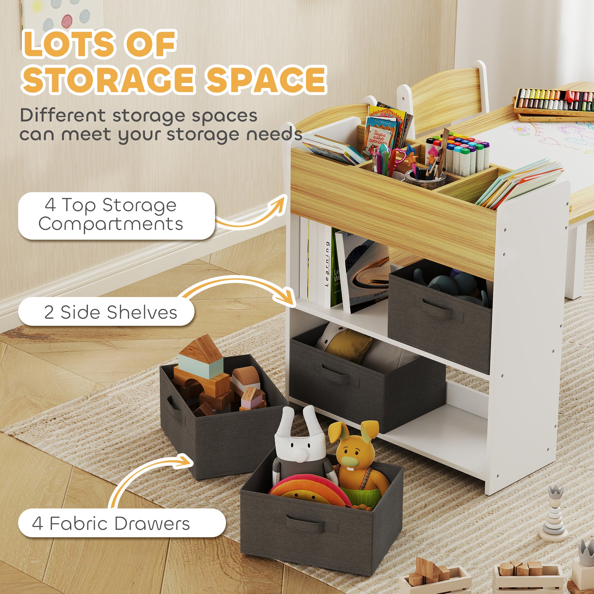Kids Desk and Chair Set with Paper Roll, Kids Activity Craft Table with Storage Shelves and Drawers, Natural Wood