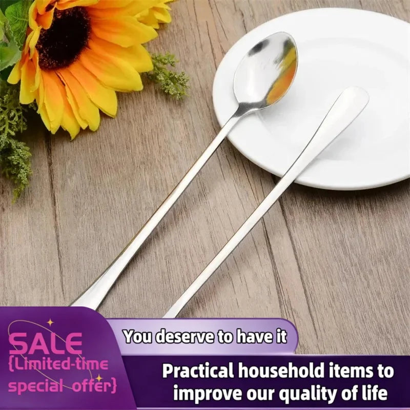 1/6Pcs Stainless Steel Long-Handled Ice Teaspoon, Coffee Spoon, Ice Cream Stirring Spoon, Dishwasher Safe, Kitchen Accessories