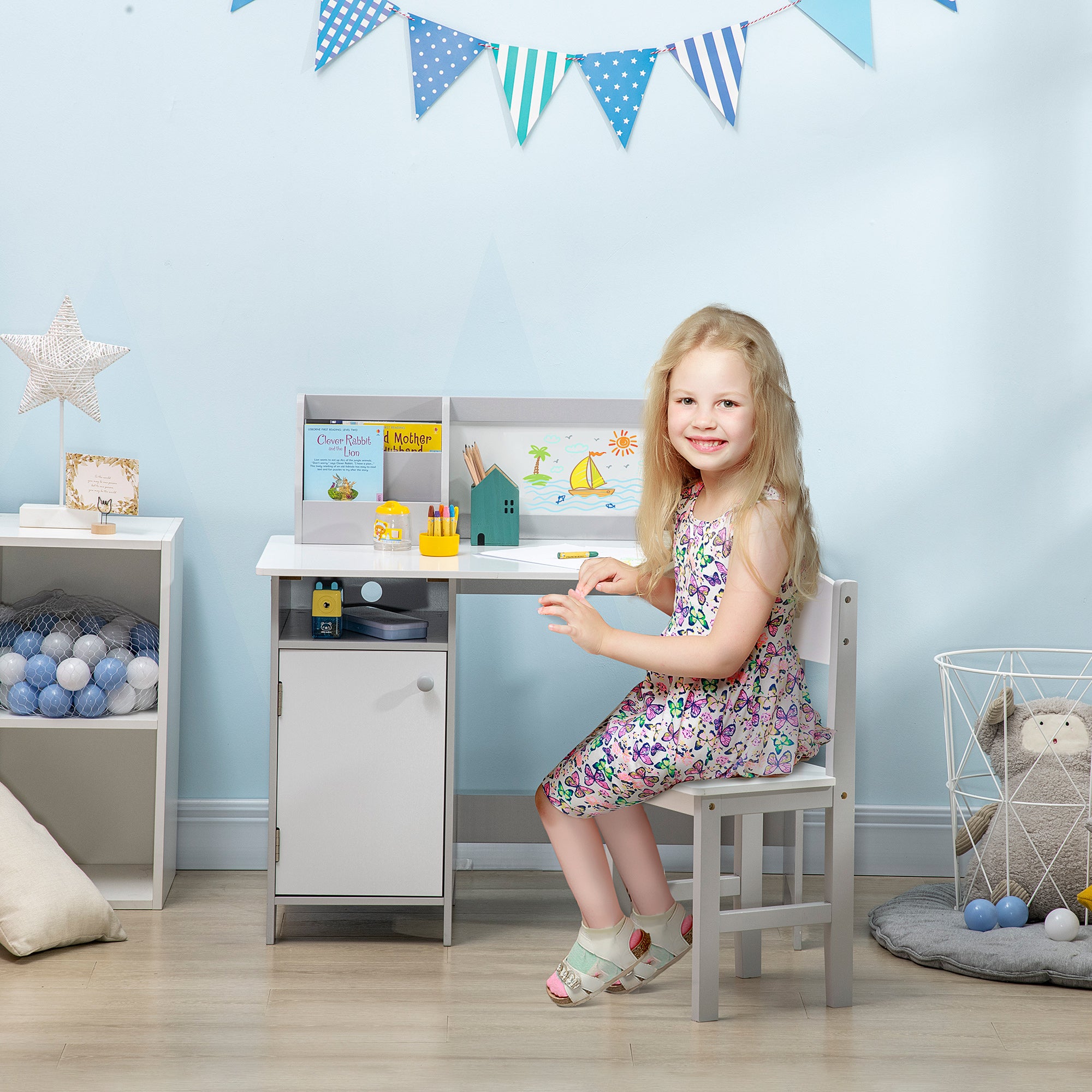 Kids Table And Chair Set W/ Whiteboard - Grey