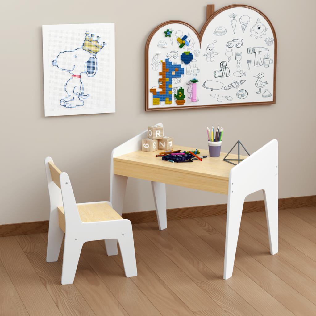 Kids Table Set With One Chair, Wooden Children Study Table, 2-8  Age Kids Funiture , White Natural