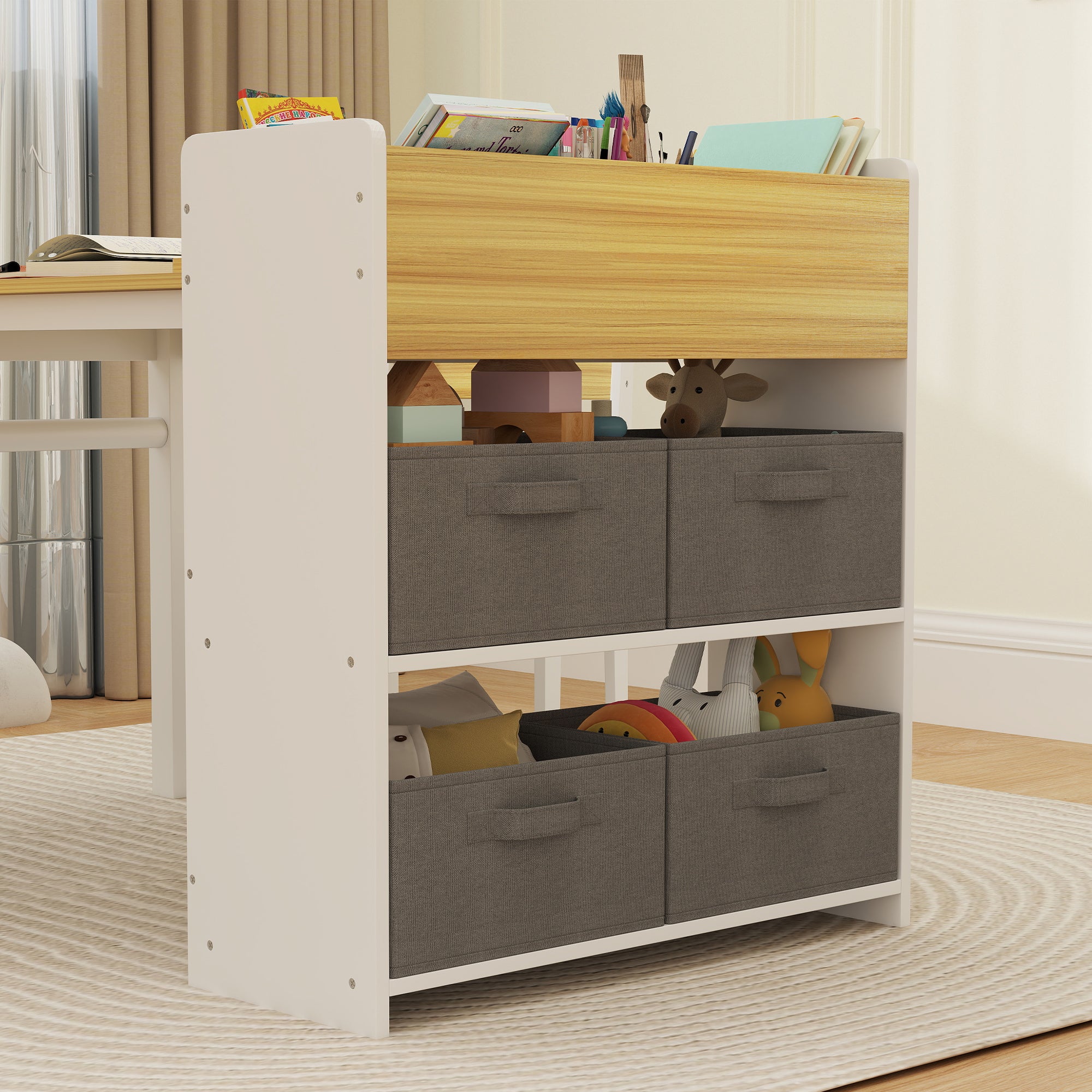 Kids Desk and Chair Set with Paper Roll, Kids Activity Craft Table with Storage Shelves and Drawers, Natural Wood