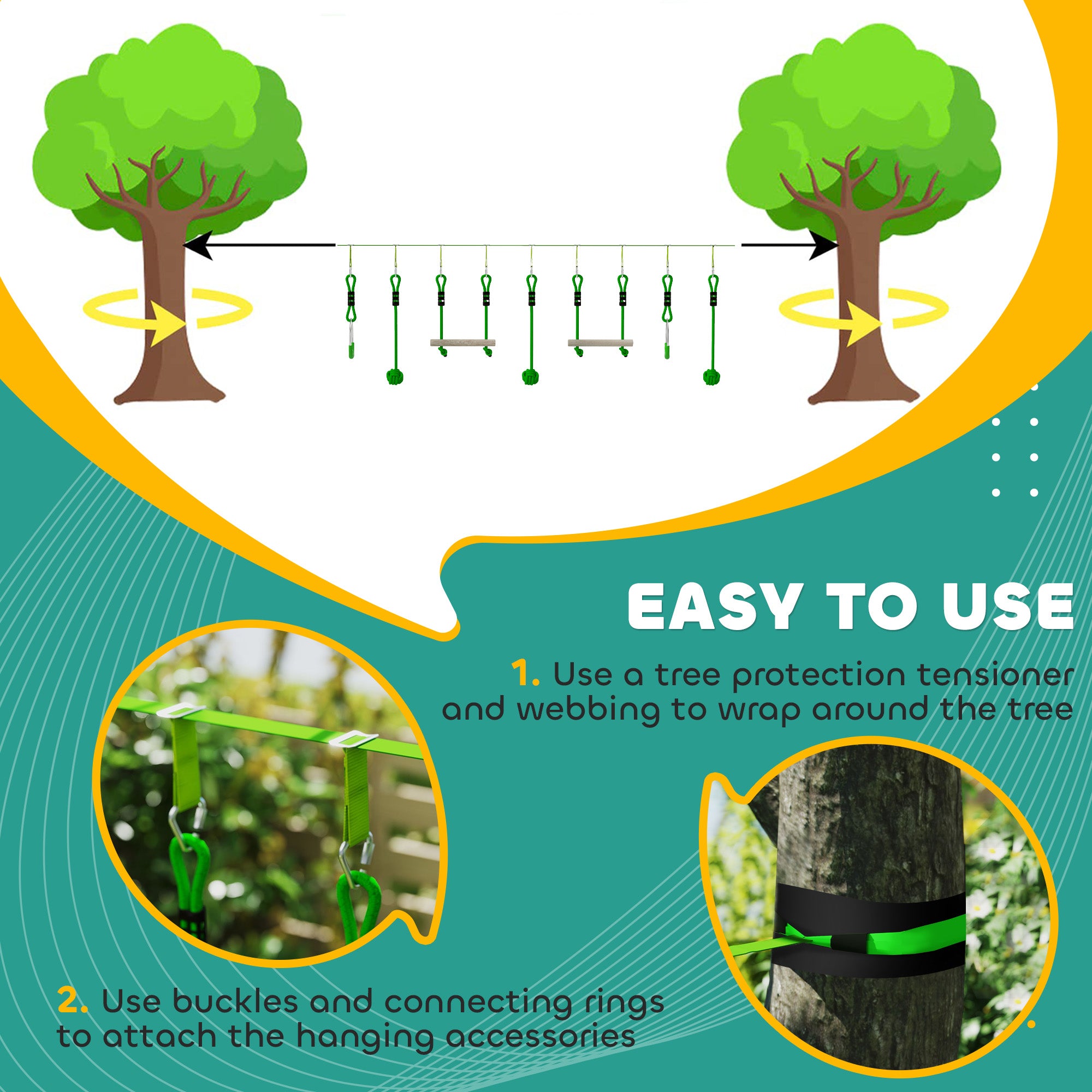 7-Piece Kids Zip Line Kit For Garden, 10m Kids Slackline Kit With Wooden Monkey Bars, Metal Rings, Gripping Balls, Green