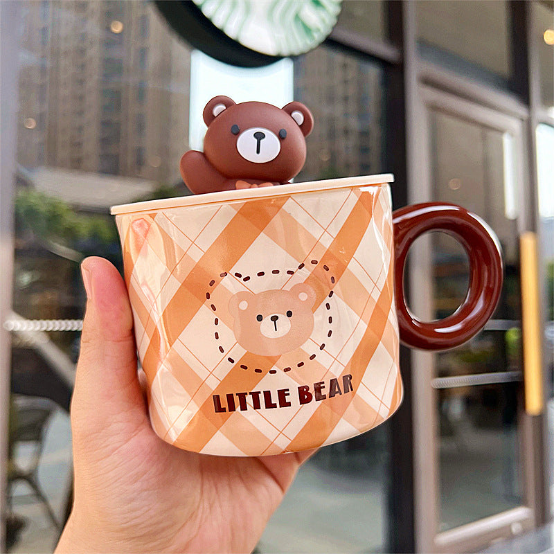 Mug With Lid Couple Little Bear Ceramic Water Cup Girls Creative Breakfast Cup