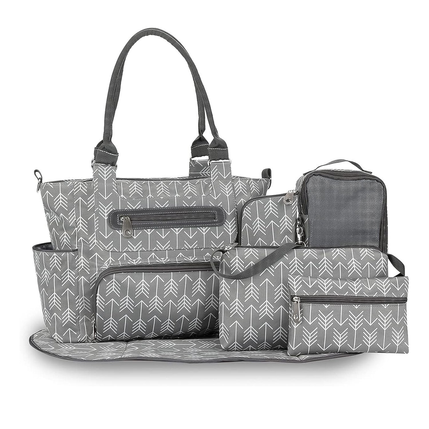 8Pcs Baby Nappy Diaper Bags Set For Mom Dad Mummy Handbags Multifunctional Diaper Changing Bags With Bottle Bag Mesh Bag Purse Diaper Pad 2 Burp Cloths 2 Hook Straps
