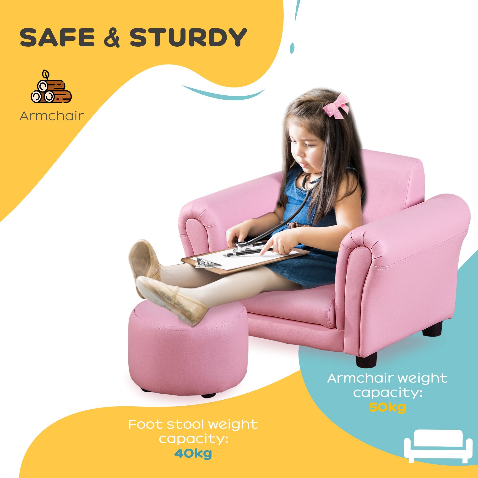 Toddler Chair Single Seater Kids Sofa Set, 54 X 42 X 41cm, Kids Sofa With Stool, Pink