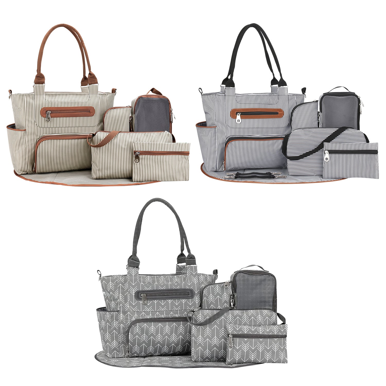 8Pcs Baby Nappy Diaper Bags Set For Mom Dad Mummy Handbags Multifunctional Diaper Changing Bags With Bottle Bag Mesh Bag Purse Diaper Pad 2 Burp Cloths 2 Hook Straps