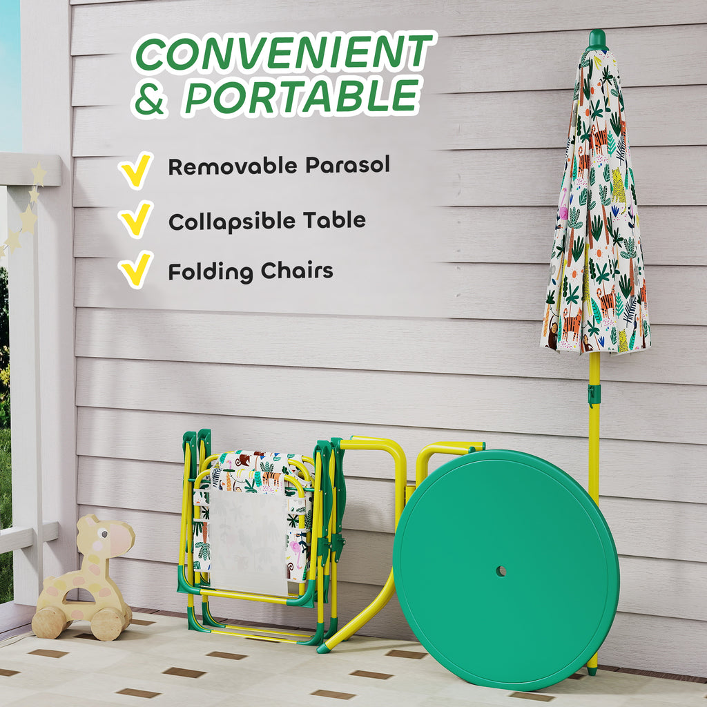 Kids Picnic Table, Kids Table And Chair Set With 2 Folding Chairs And Umbrella For Backyard, Garden, Patio, Green