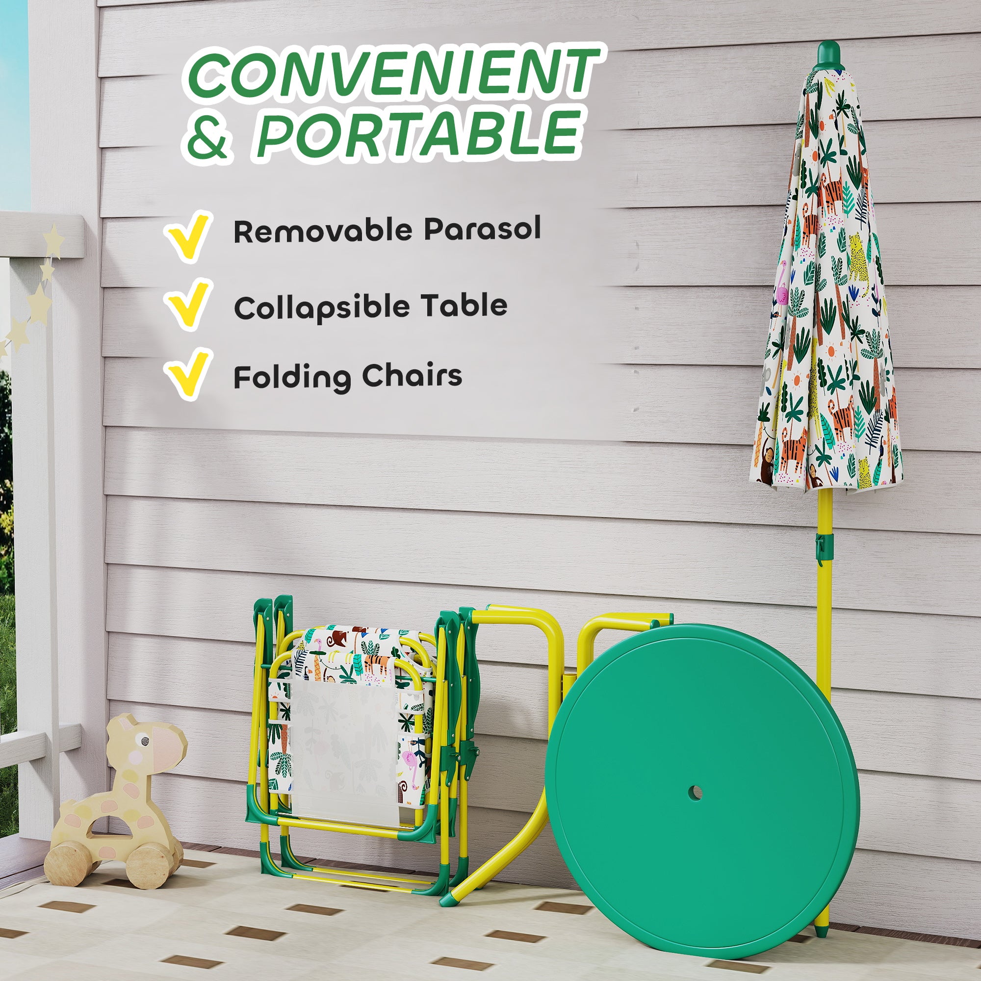 Kids Picnic Table, Kids Table And Chair Set With 2 Folding Chairs And Umbrella For Backyard, Garden, Patio, Green