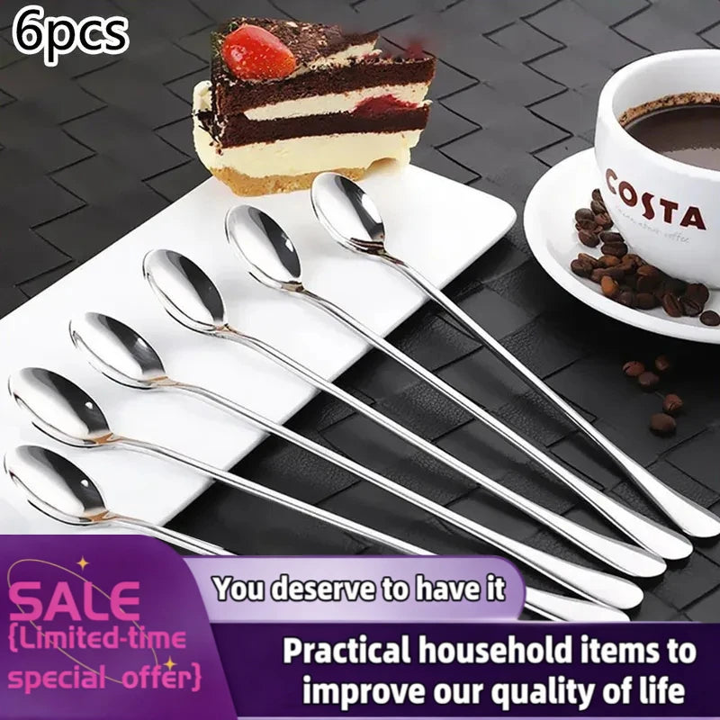 1/6Pcs Stainless Steel Long-Handled Ice Teaspoon, Coffee Spoon, Ice Cream Stirring Spoon, Dishwasher Safe, Kitchen Accessories