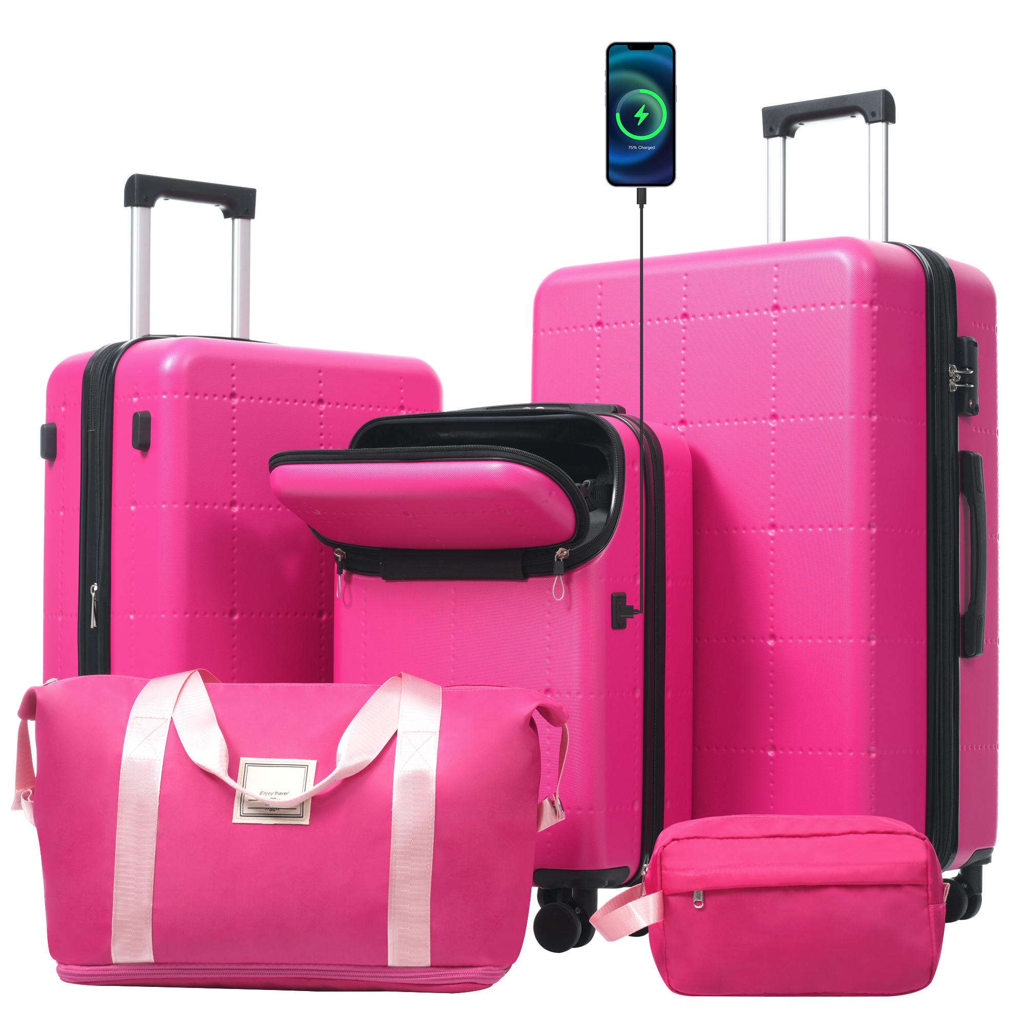 Hardside Luggage Set 5 Piece With Bags,20IN Half-opening Carry On Luggage With USB Port, Expandable 24IN 28IN Luggage With Double Spinner Wheels TSA Lock