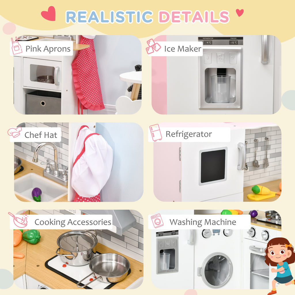 Corner Play Kitchen Set With Sound Effects And Tons Of Countertop Space, Large Wooden Kitchen With Washing Machine, Food Toys, Ice Maker, Kids Kitchen, Ages 3-6, White