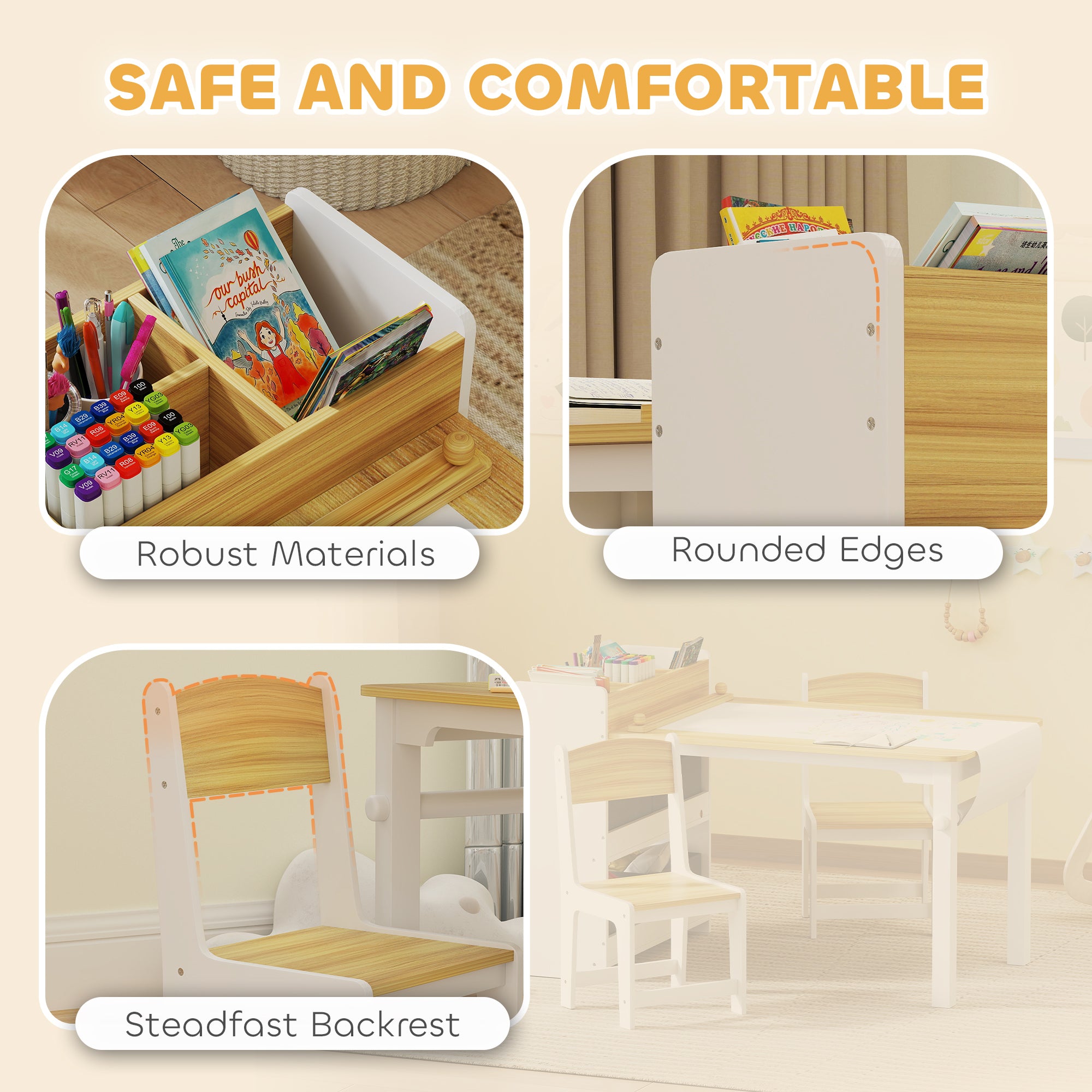 Kids Desk and Chair Set with Paper Roll, Kids Activity Craft Table with Storage Shelves and Drawers, Natural Wood