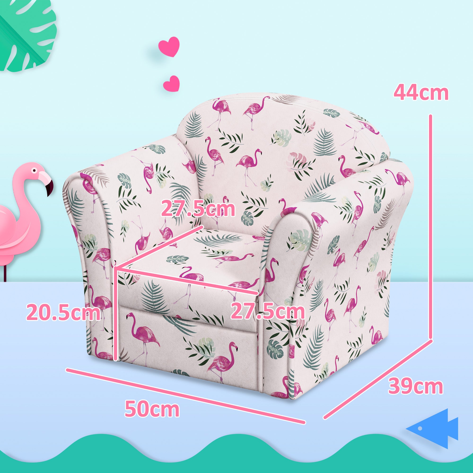 Kids Armchair With Flamingo Design, Wooden Frame, For Bedroom, Playroom, Kids Room - Pink