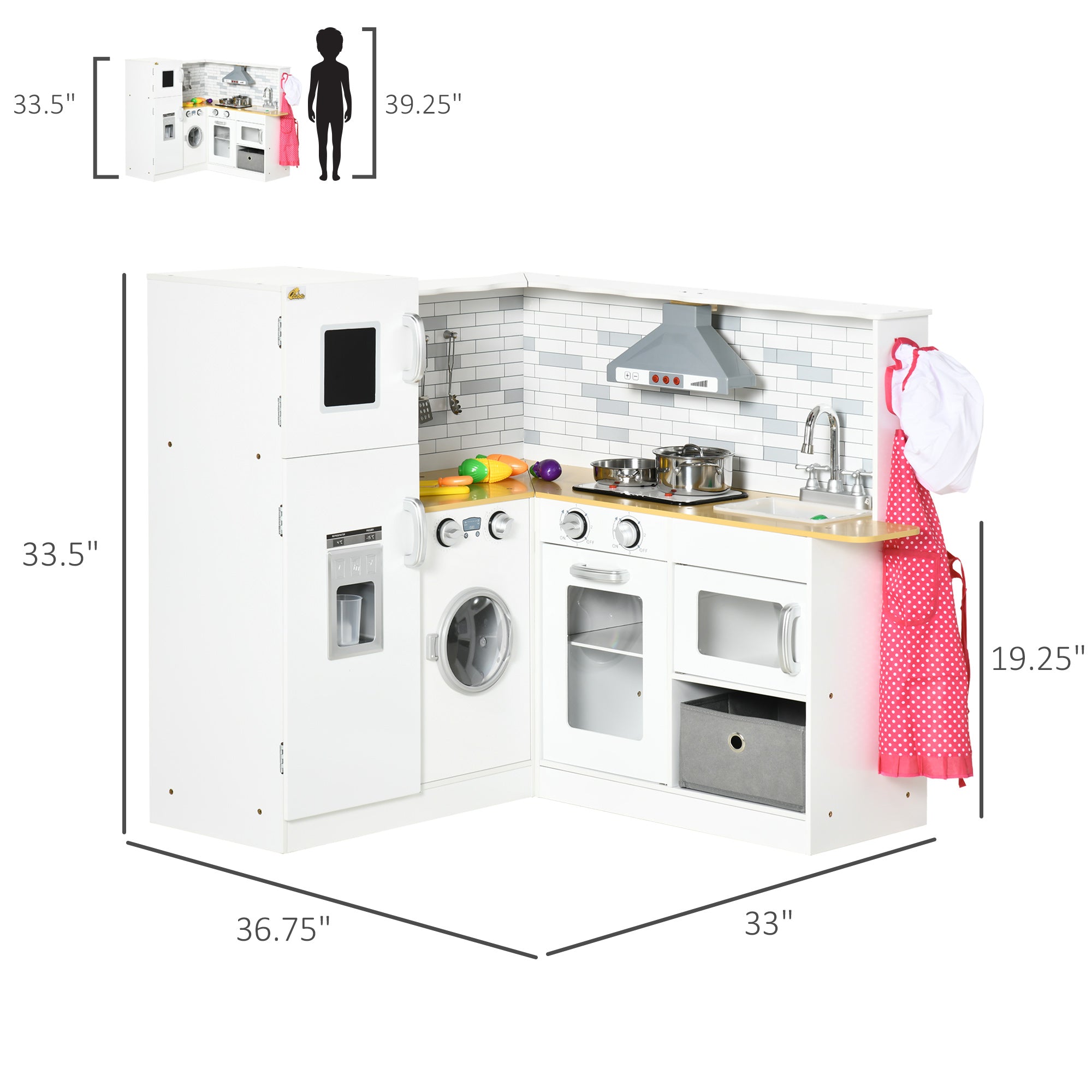 Corner Play Kitchen Set With Sound Effects And Tons Of Countertop Space, Large Wooden Kitchen With Washing Machine, Food Toys, Ice Maker, Kids Kitchen, Ages 3-6, White