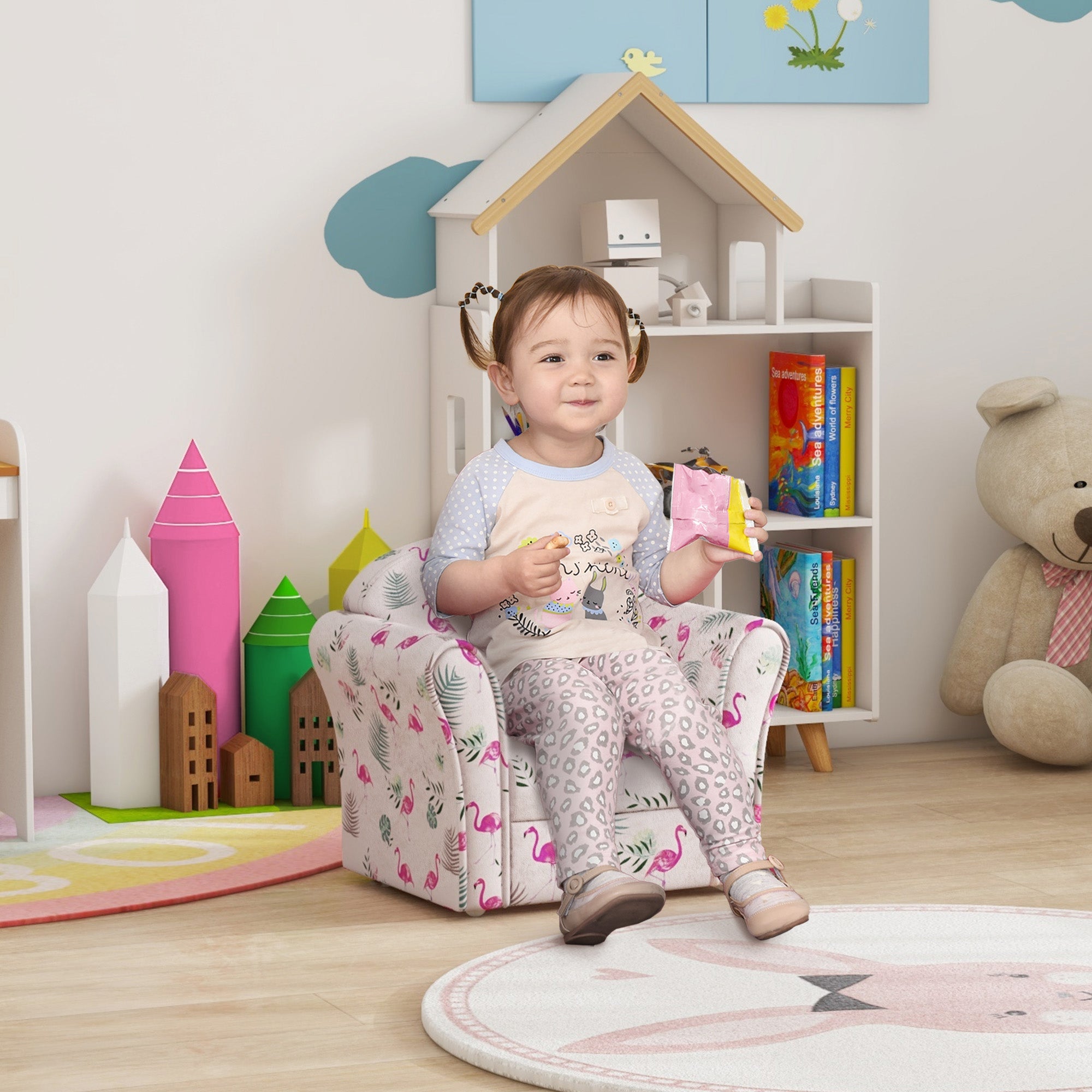 Kids Armchair With Flamingo Design, Wooden Frame, For Bedroom, Playroom, Kids Room - Pink