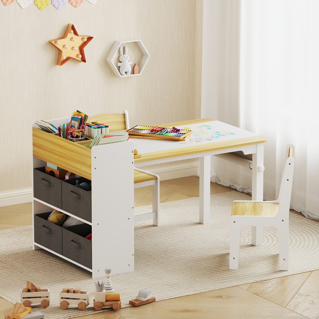Kids Desk and Chair Set with Paper Roll, Kids Activity Craft Table with Storage Shelves and Drawers, Natural Wood