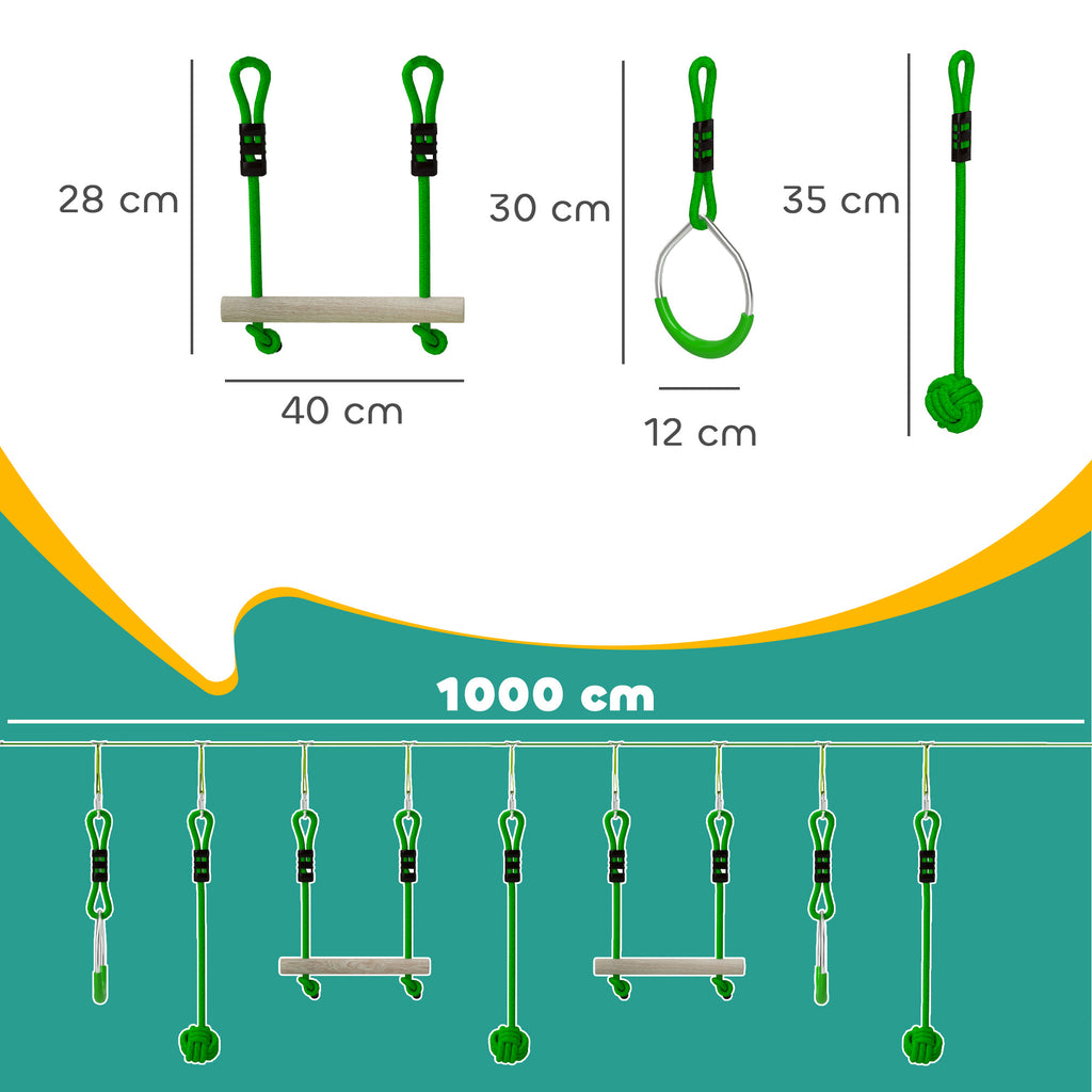 7-Piece Kids Zip Line Kit For Garden, 10m Kids Slackline Kit With Wooden Monkey Bars, Metal Rings, Gripping Balls, Green