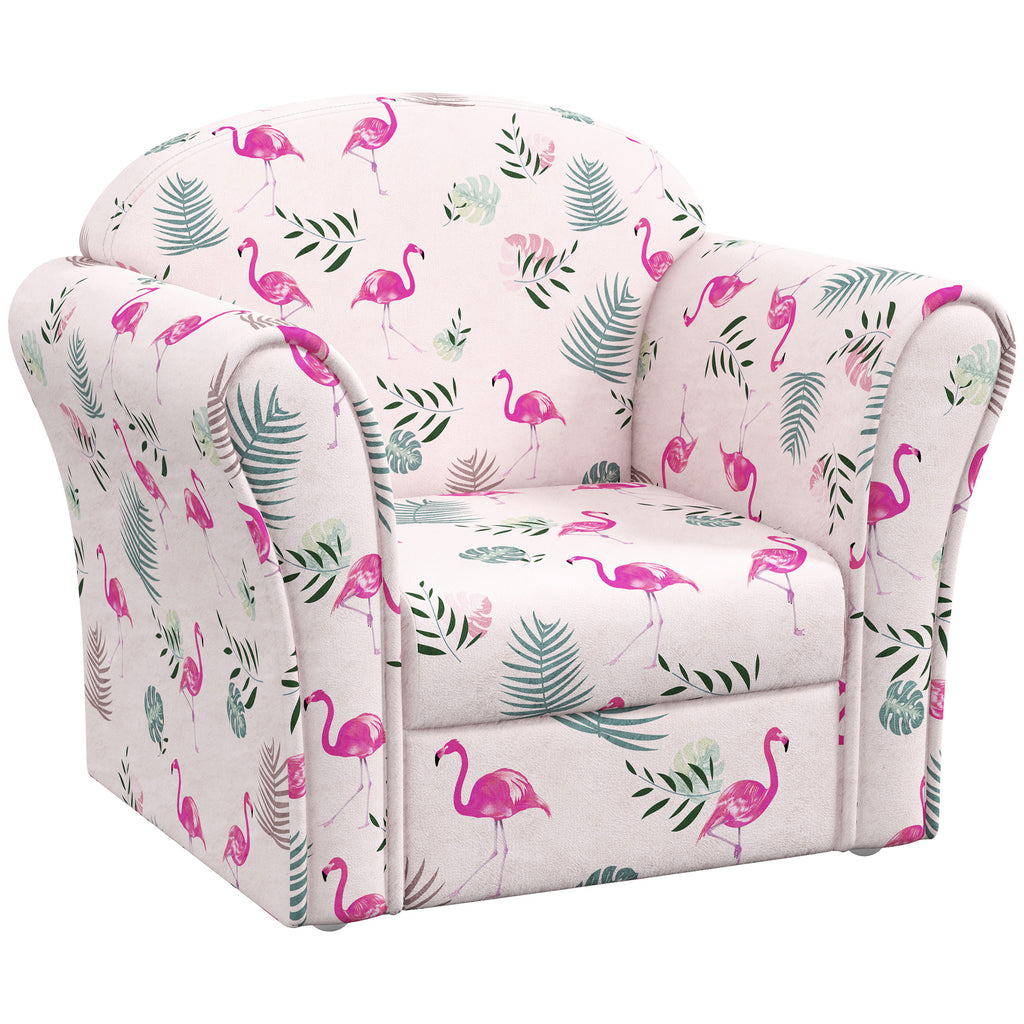 Kids Armchair With Flamingo Design, Wooden Frame, For Bedroom, Playroom, Kids Room - Pink