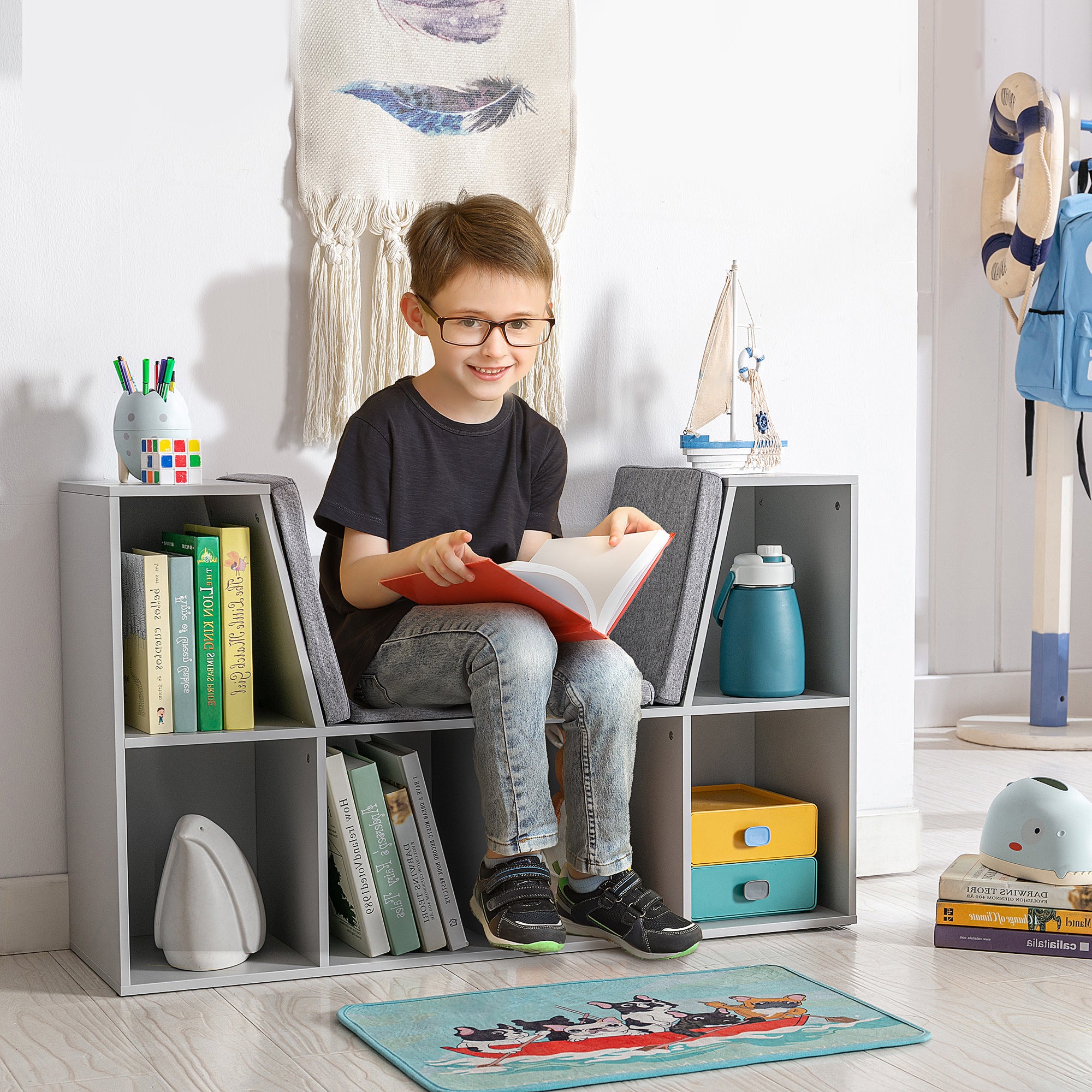 Kids Bookcase Shelf Storage Cabinet Unit, Living Room Sideboard W/ Six Compartments For Toys, Books - Grey