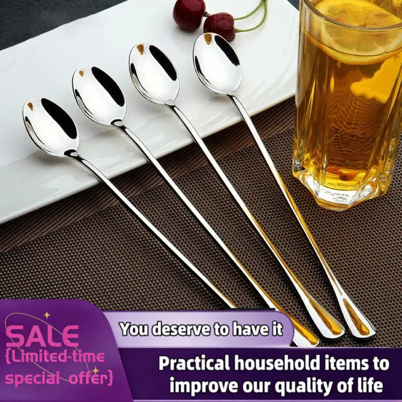 1/6Pcs Stainless Steel Long-Handled Ice Teaspoon, Coffee Spoon, Ice Cream Stirring Spoon, Dishwasher Safe, Kitchen Accessories