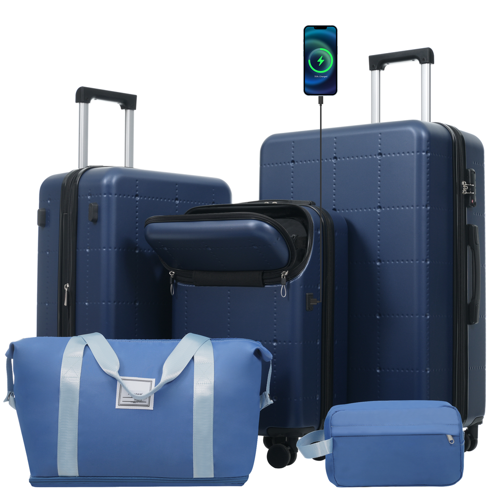 Hardside Luggage Set 5 Piece With Bags,20IN Half-opening Carry On Luggage With USB Port, Expandable 24IN 28IN Luggage With Double Spinner Wheels TSA Lock