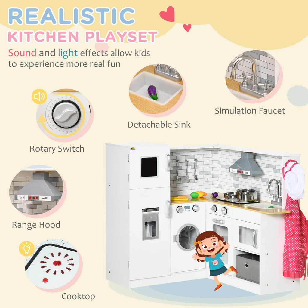 Corner Play Kitchen Set With Sound Effects And Tons Of Countertop Space, Large Wooden Kitchen With Washing Machine, Food Toys, Ice Maker, Kids Kitchen, Ages 3-6, White