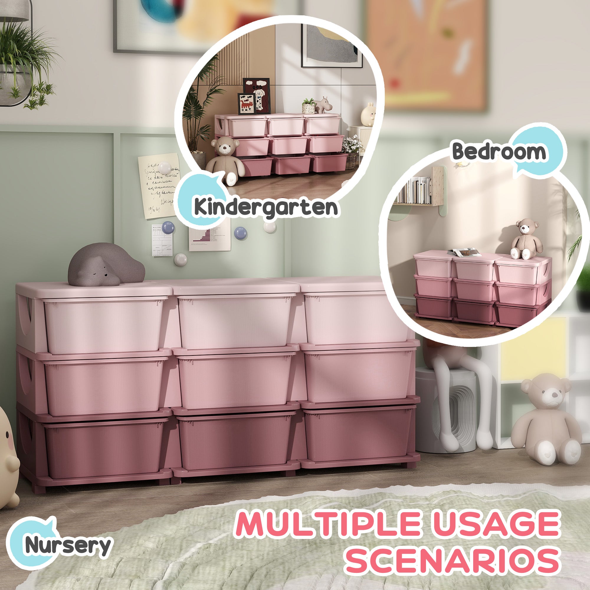 Kids Storage Unit, With Nine Drawers - Pink