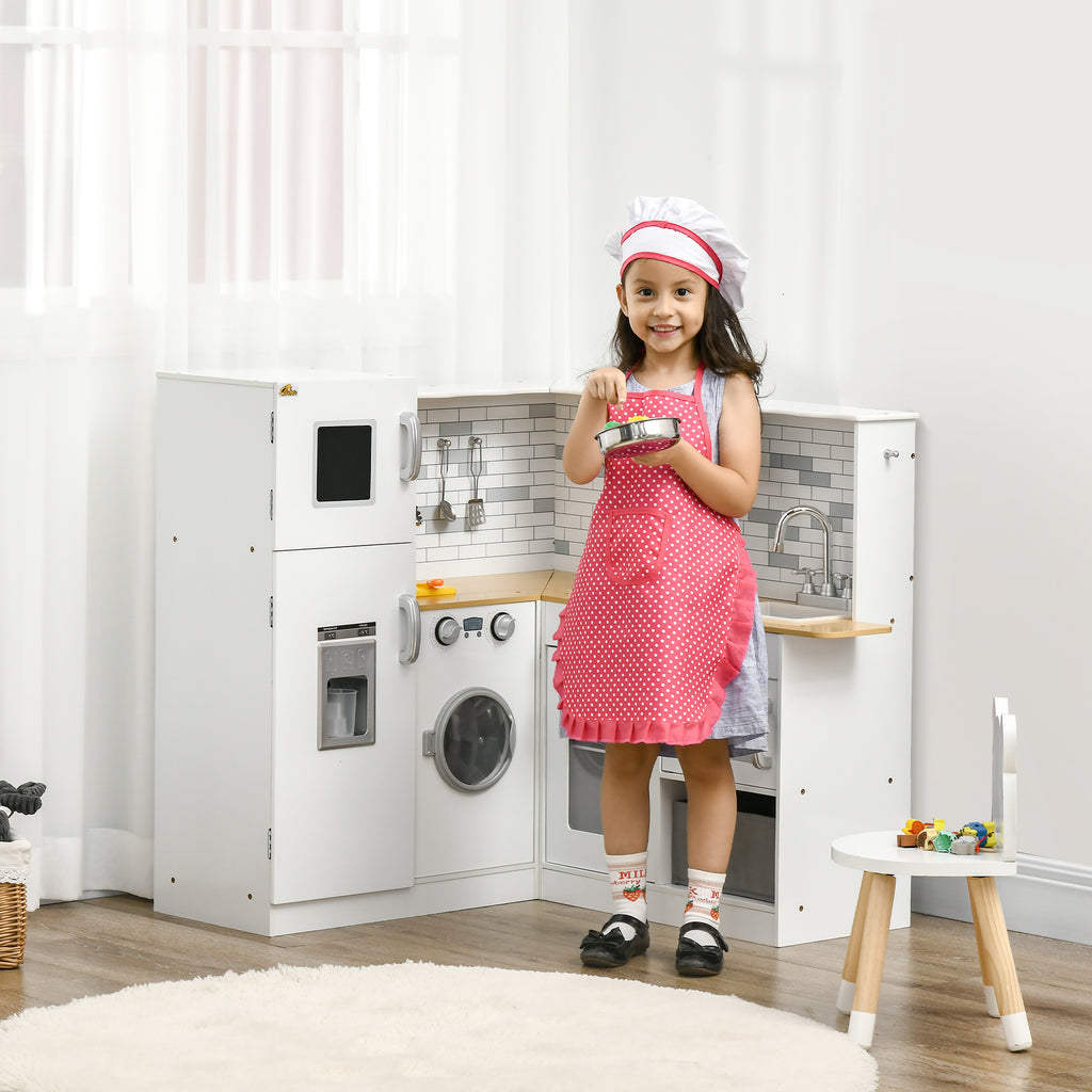 Corner Play Kitchen Set With Sound Effects And Tons Of Countertop Space, Large Wooden Kitchen With Washing Machine, Food Toys, Ice Maker, Kids Kitchen, Ages 3-6, White