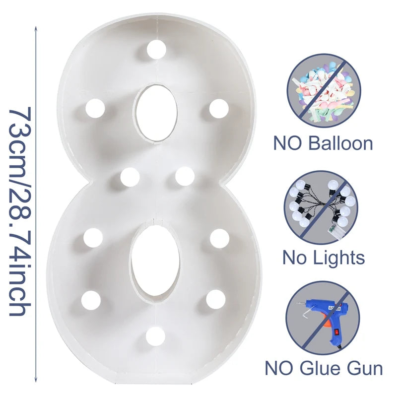 73cm Giant Figure White Warm Light Up Number 0-9 Frame Balloon Filling Box with 10 Lights Birthday Wedding Decor Baby Shower