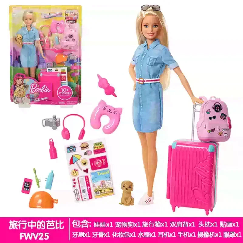 Authentic Barbie Mabuli Traveler Toy Set Girls Birthday Gift Children Pretend Play Educational Fun Creative Dolls Collection