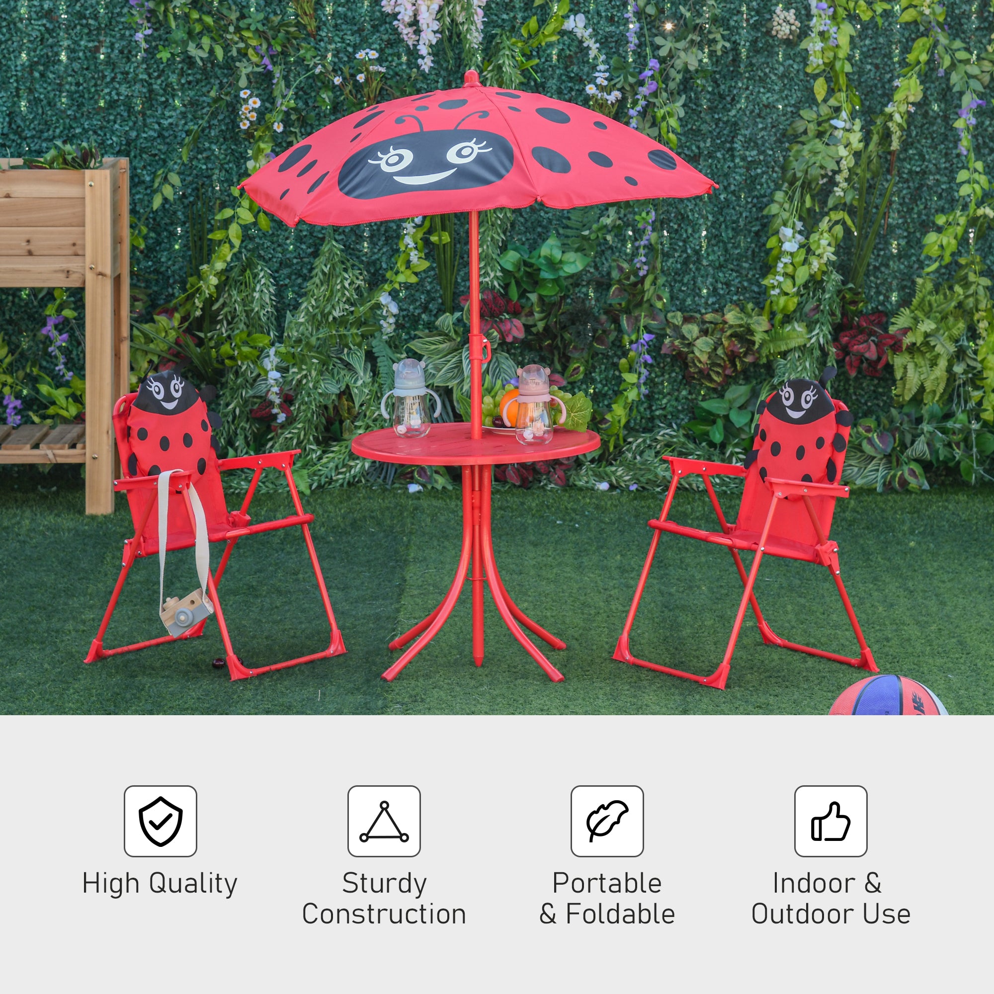 Kids Folding Picnic Table Chair Set W/ Parasol, Red