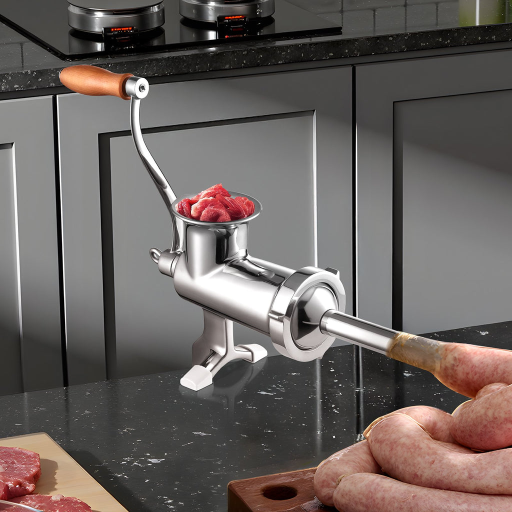 Manual Meat Grinder, All Parts Stainless Steel, Hand Operated Meat Grinding Machine With Tabletop Clamp, 2 Grinding Plates & Sausage Stuffer, Ideal For Home Kitchen Restaurant Butcher’s Shop