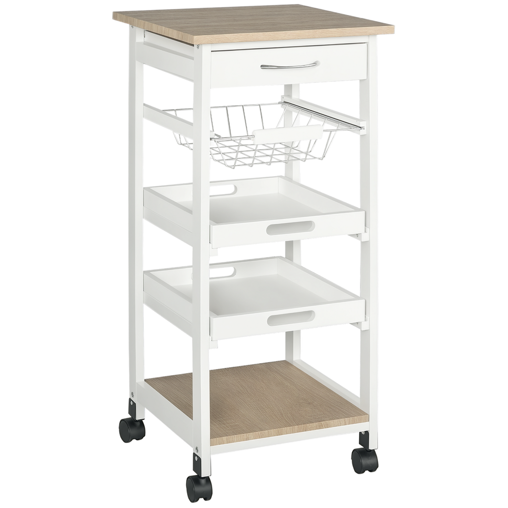 Mobile Kitchen Cart, Rolling Kitchen Island with Storage, Solid Wood Frame Utility Cart with Wire Fruit Baskets, Trays and Drawer, White